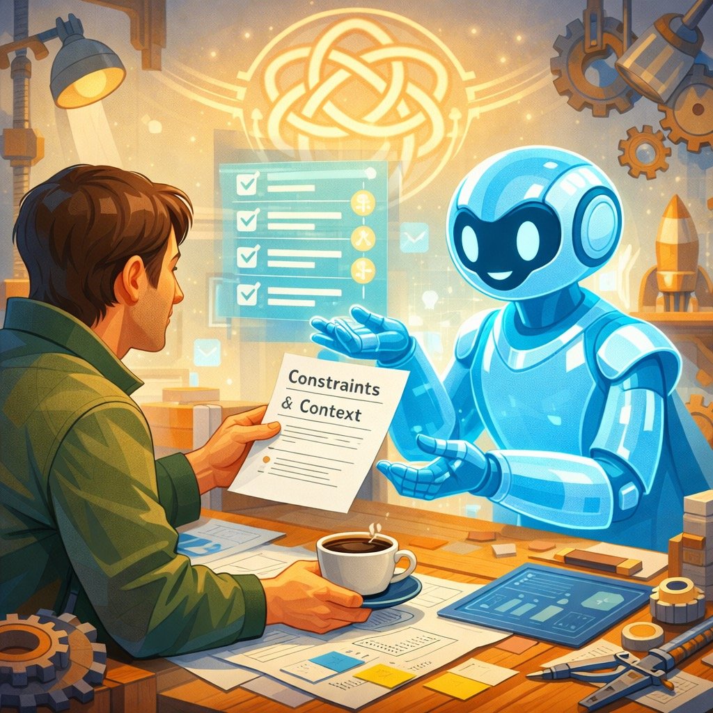 AI-generated illustration of a person and a friendly blue robot collaborating at a workshop desk, with the robot holding a document labeled Constraints and Context while a coffee cup sits prominently in the foreground