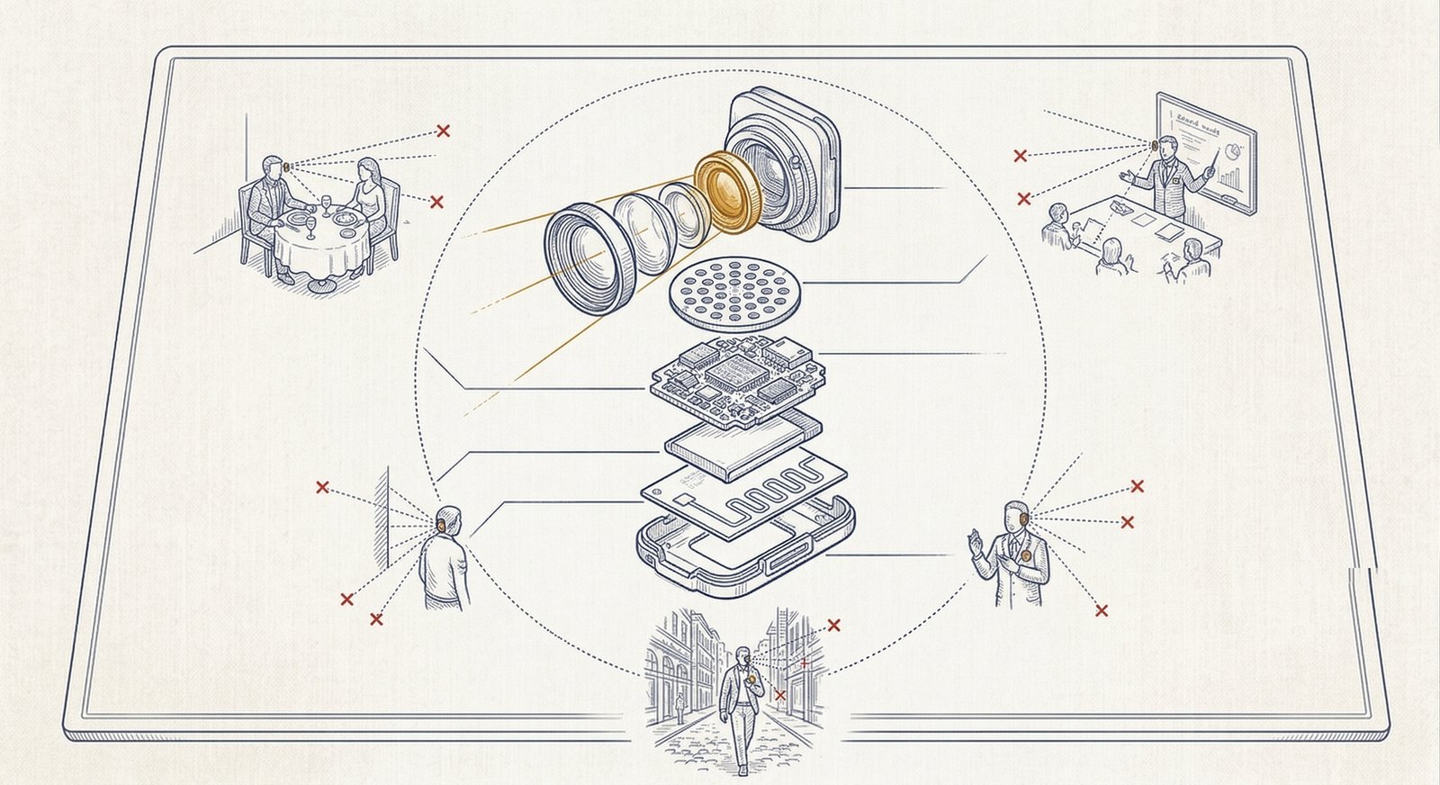 Precision technical illustration of an exploded-view diagram of a small wearable pin device at enlarged scale, with component layers floating in alignment, surrounded by small use-scenario vignettes with dotted sensing lines, some terminated by red X marks