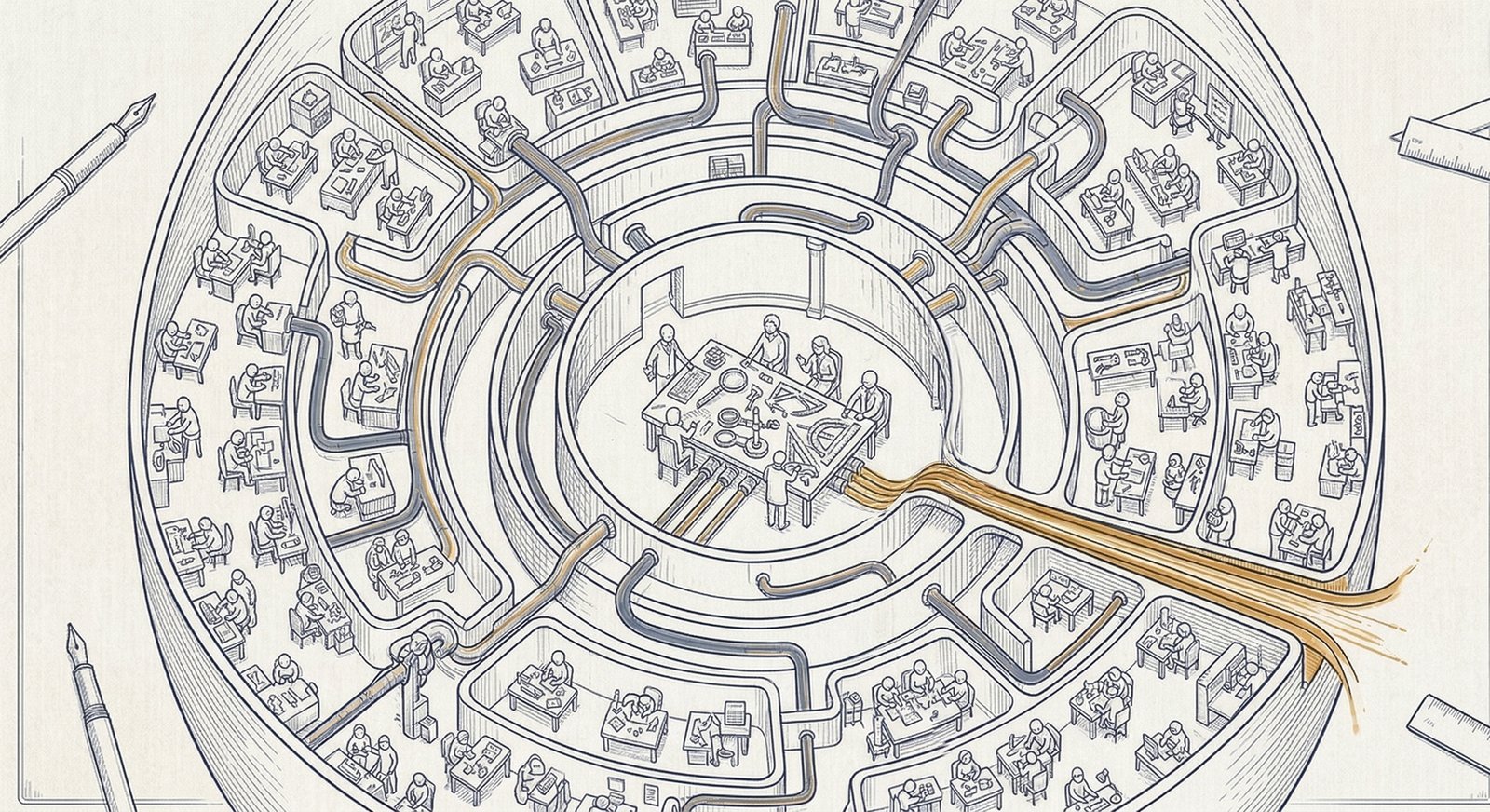 “Precision technical illustration of a cross-section of a large dome-shaped structure containing multiple concentric chambers, with small figures working independently and conferring in groups, connected by corridors and message tubes, amber-gold highlights on the message tubes and output channel”
