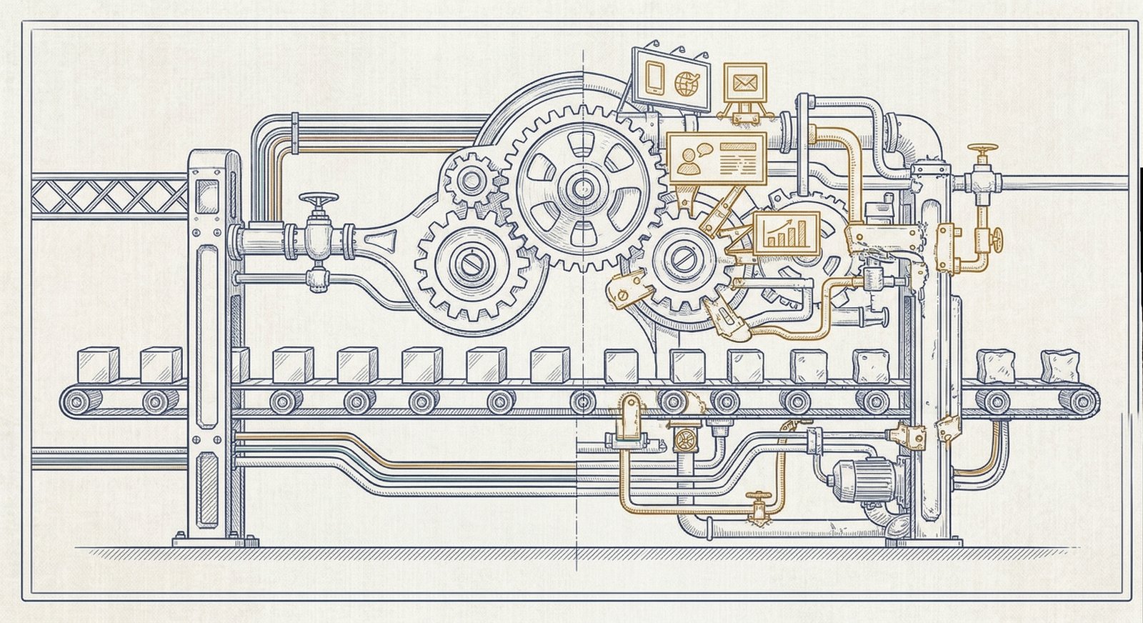 Precision technical illustration of a cross-section of a large machine, clean and orderly on the left side with smoothly meshing gears, degrading toward the right as advertising billboards and crude brackets are bolted on between components, amber-gold highlighting the advertising additions