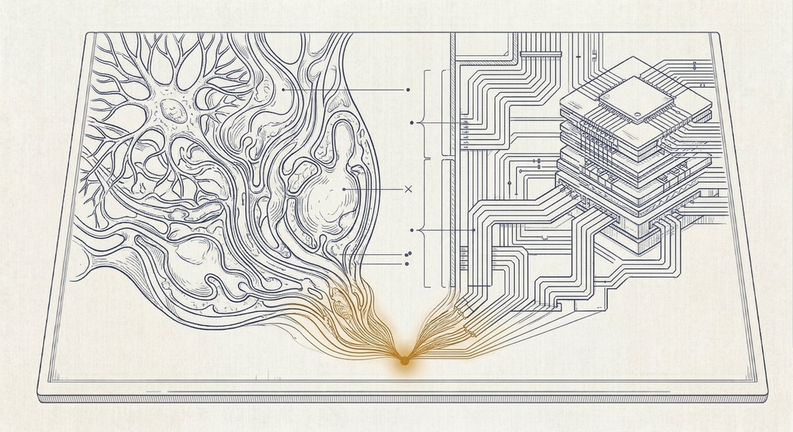 Precision technical illustration of two large mechanisms shown side by side in cross-section, one organic and biological with branching neural structures, the other geometric and computational with circuit-like pathways, both converging on the same amber-gold output point
