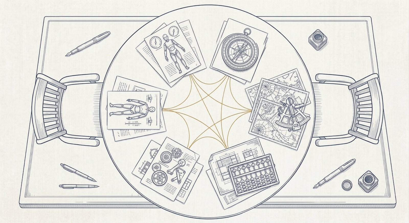Precision technical illustration of a bird's-eye view of a large circular table with two chairs on opposite sides, the surface covered with six distinct clusters of documents and instruments connected by fine amber-gold lines suggesting conversation flow