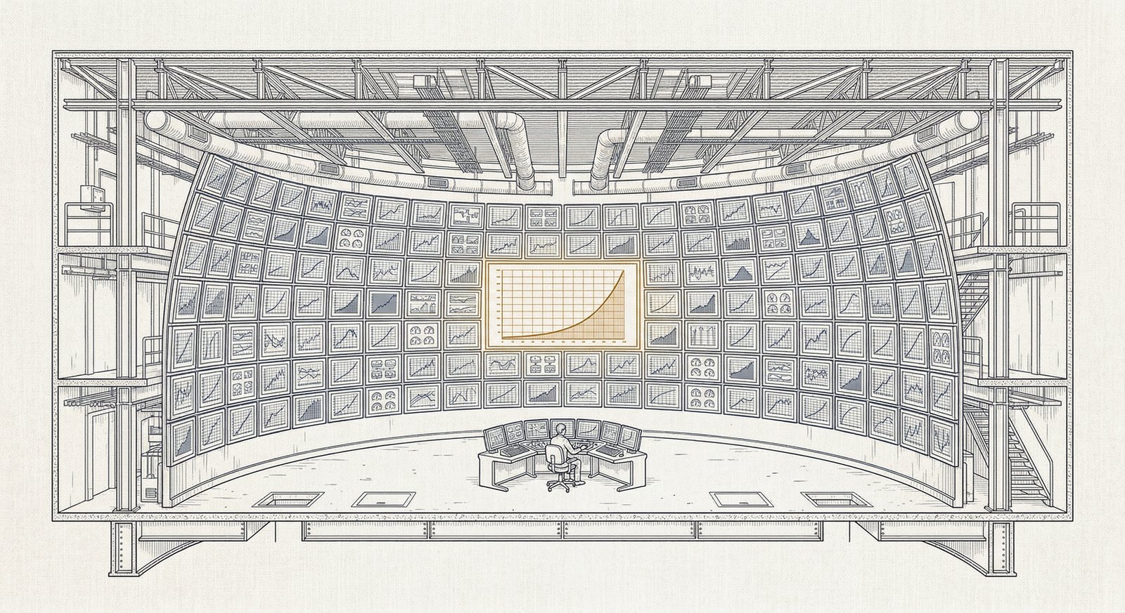 Precision technical illustration of a large semicircular monitoring station in cross-section, with a wall of display panels showing ascending curves, one central display highlighted in amber-gold showing an exponential curve, and a single small figure at a console