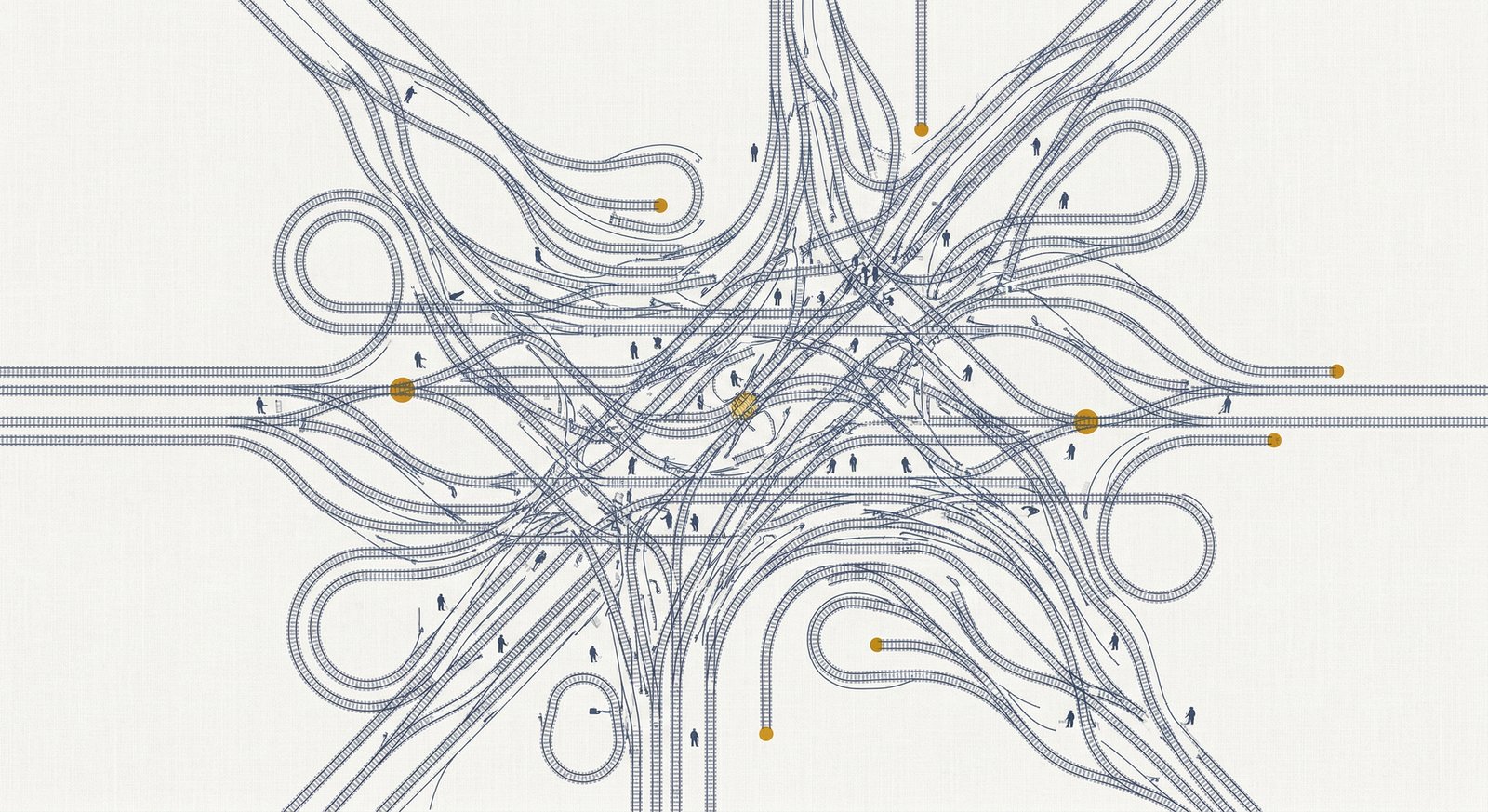 Precision technical illustration of a vast railway switching network seen from above, with tracks curving into loops and converging on collision courses, amber-gold highlights marking the collision points, and small human figures at switch points who can only see their local junction