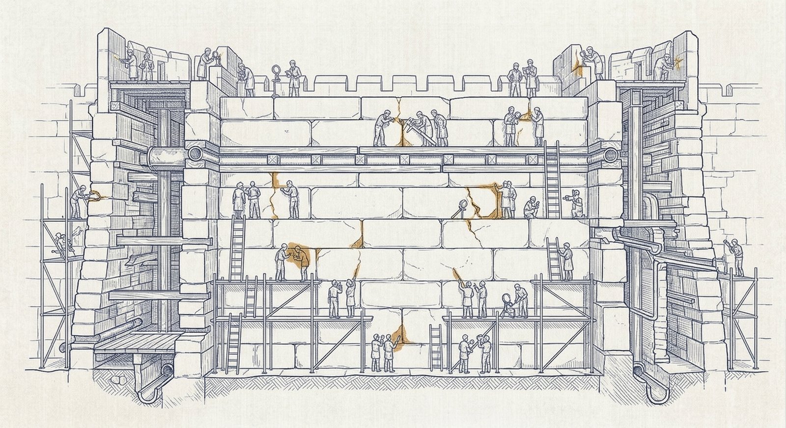 Precision technical illustration of a massive fortified wall in cross-section, with dozens of tiny figures methodically inspecting it for vulnerabilities, amber-gold highlights marking the cracks they have found