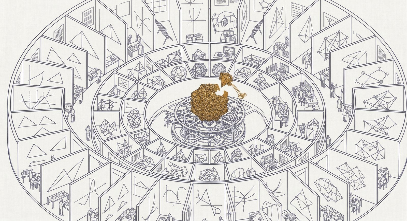 Precision technical illustration of a vast circular chamber viewed from above in isometric perspective. The chamber is organized in concentric rings, each containing open compartments that hold geometric constructions — triangles, polyhedra, graphs, and curves rendered in fine slate-blue linework on an off-white background. Small human figures work at desks and consult references in the outer rings. At the center, a mechanical apparatus assembles a large crystalline polyhedron highlighted in amber-gold, with one final triangular piece being guided into place to complete the structure.