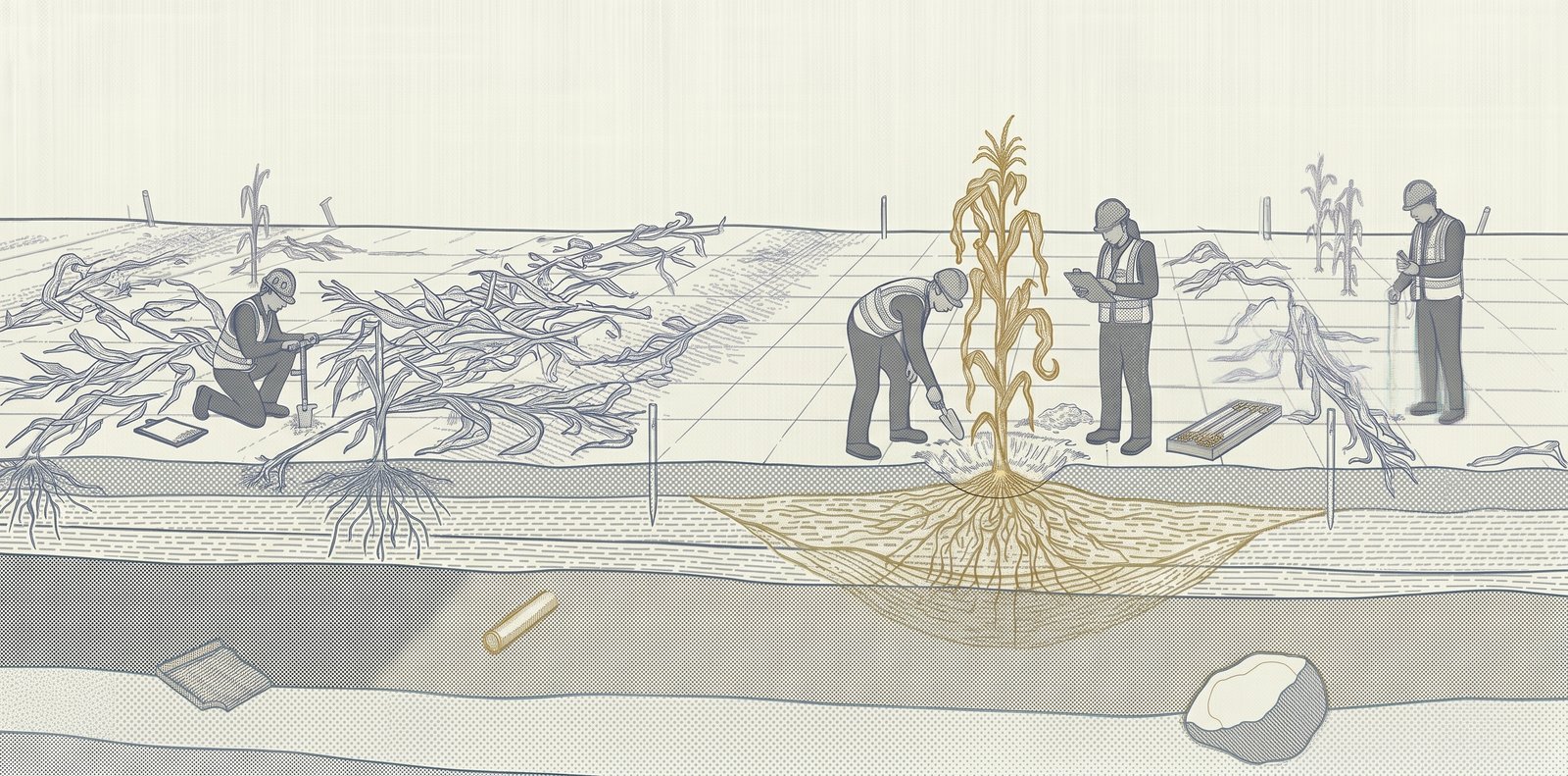A field of dying corn, with small figures measuring the dying plants and taking samples.