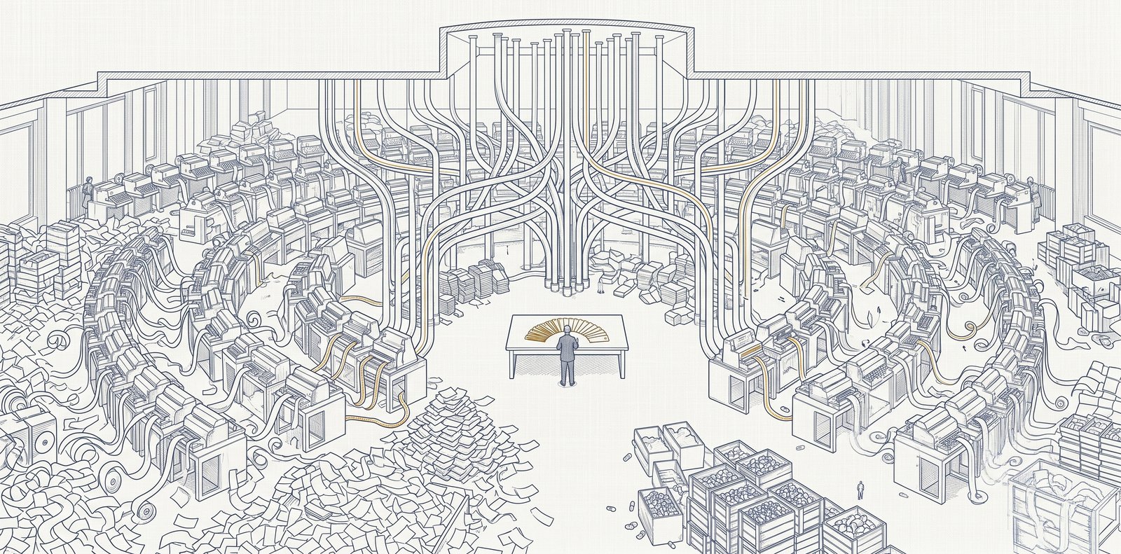 Technical illustration of a vast exchange hall flooded with incoming messages, where a lone figure at a central table examines a small amber-highlighted selection pulled from the flood.