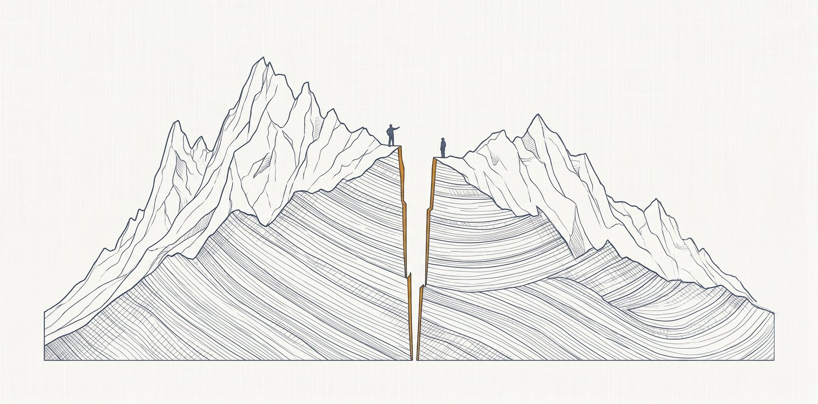 A precision technical illustration in slate blue on off-white linen, showing a jagged mountain ridgeline in cross-section. A single narrow chasm splits the ridge at center, its knife-sharp vertical edges highlighted in amber-gold. Two tiny human figures stand on opposite peaks — one on the taller left peak gesturing across the gap, the other standing still on the lower right peak. The geological strata below the ridge are visibly offset where the chasm cuts through them, like a fault line.