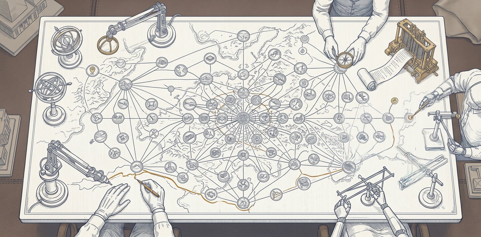 Bird's-eye technical illustration of a large planning table covered with a detailed strategic map. The map depicts a complex campaign: a dense network of waypoints connected by fine lines, interspersed with terrain features and small precisely-drawn artifacts at each node. Around the table, human figures work alongside Victorian-era analytical instruments — a pantograph unspooling a scroll, a calculating engine, an armillary mechanism, a magnifying loupe on an articulated stand, and various compasses and documents. An amber thread traces a single winding route through the waypoints from one side of the map to the other.