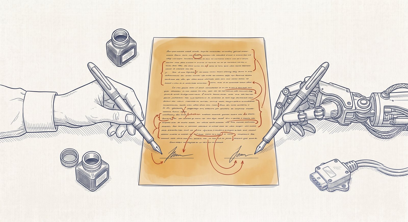 Bird's-eye technical illustration of a single agreement document at the center of an otherwise empty table. The document is rendered in amber against the off-white ground, its body text overlaid with recursive red editorial marginalia: nested brackets, arrows looping back on themselves, and small annotations crowding the margins around the signature lines. Two pens descend toward the document. From the left, a human hand in a shirt cuff holds a fountain pen; two inkwells sit on the table beside it. From the right, an articulated robotic arm with visible mechanical joints and exposed cabling holds a matching fountain pen; a sealed cable connector sits on the table beside it.