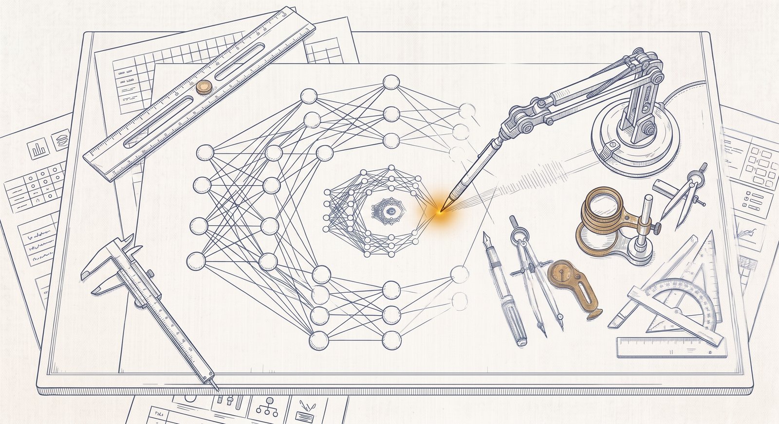 Bird's-eye technical illustration of an architect's drafting table covered with a large neural network diagram in progress. The network is rendered in fine slate-blue lines: nodes connected by a dense web of connections, with layered structure clearly visible. At the center of the diagram, a smaller copy of the same network architecture sits nested within the larger one, and within that smaller copy, a still smaller version is faintly visible — a recursive structure depicting a network that contains itself at progressively smaller scales. A small articulated mechanical arm extends from the right side of the table across the diagram, terminating in a fine drafting stylus. The stylus tip rests against the page mid-stroke with a small amber-gold glow at the contact point. Surrounding the central diagram are precision drafting instruments — a parallel rule, calipers, a compass, dividers, a brass loupe on its stand, a fountain pen, a set square, and a protractor — along with sheets of supporting calculations and schematic fragments at the edges of the composition.