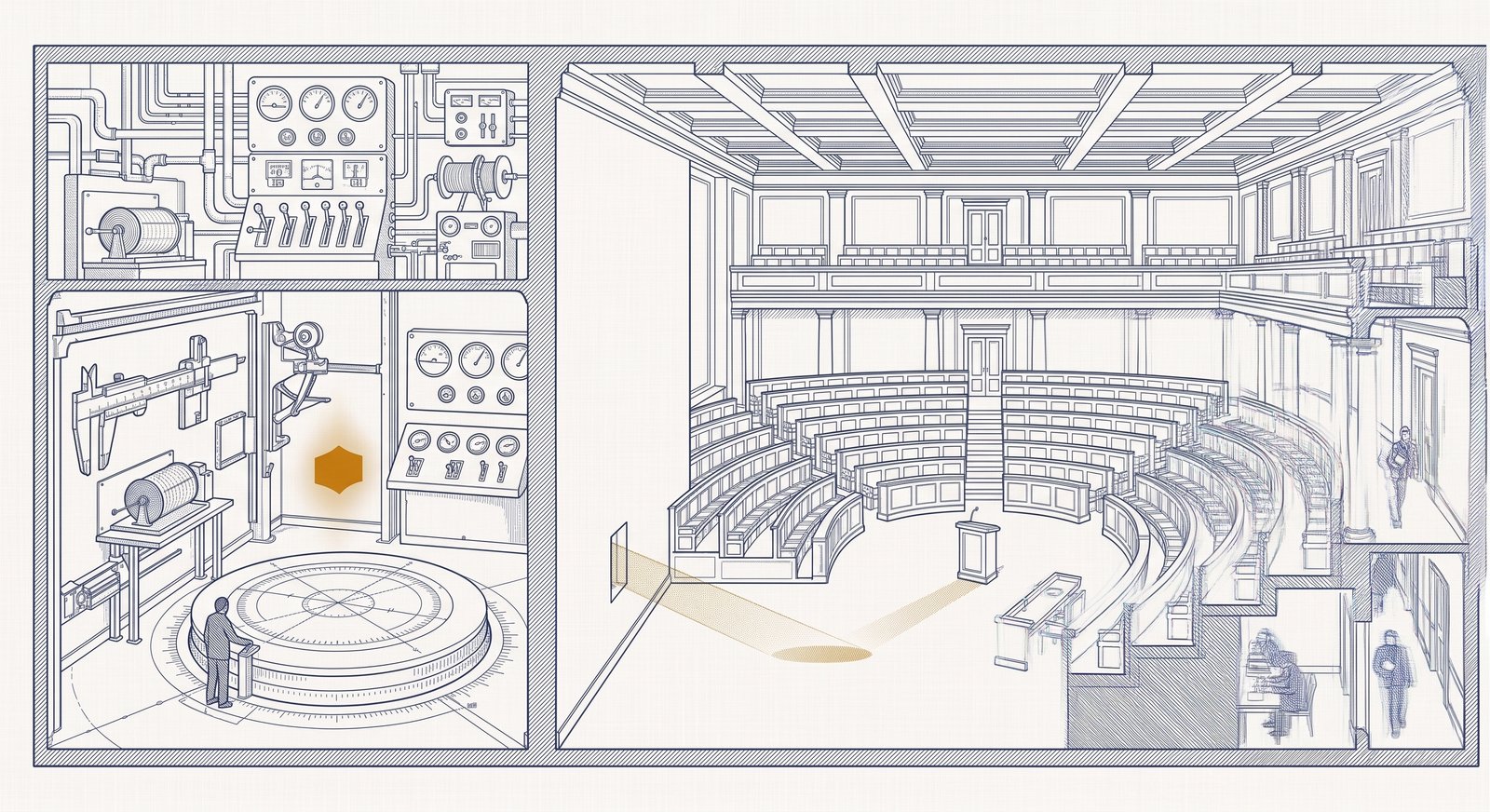 Precision technical illustration of a cross-section of two adjoining chambers, the small left chamber containing a single figure at a circular instrument platform with a small amber-gold hexagon hovering above it, the vast right chamber a formal hearing hall with tiered empty benches and an unattended podium, a thin amber-gold shaft of light passing through an aperture in the dividing wall and falling on the empty floor near the podium, with a few small figures at side desks attending to minor administrative work and oriented away from the aperture