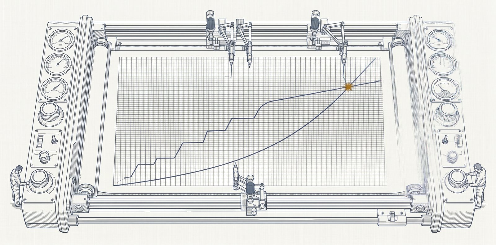 Wide technical illustration of a large analog chart recorder, viewed from above at a slight angle that reveals the depth of the instrument's side panels. The recording bed dominates the composition: a long calibrated paper sheet marked with a fine slate-blue grid covers most of the image width. Two ink traces in slate blue climb across the paper from lower-left toward upper-right, with visibly different profiles — one rising in sharp stepped inflections, the other on a smoother accelerating curve. The two traces converge and cross at a single point in the upper-right region of the chart, where a small amber-gold starburst marks the intersection. Pen mechanisms with delicate armatures and ink reservoirs are mounted on rails at the top and bottom edges of the recording bed, rendered in fine mechanical detail. The recording bed is bordered on left and right by mature instrument cabinets, each with a vertical stack of round analog gauges, calibration knobs, small toggle switches, and a large control dial at the lower front. Two small human figures in slate blue stand at the lower-left and lower-right corners of the instrument, each turning a calibration dial at the side panel — facing the cabinets rather than the converging traces on the recording bed. All primary linework is fine slate blue (#334155) on an off-white linen-textured background; the small amber-gold starburst at the intersection point is the only non-slate color in the image.