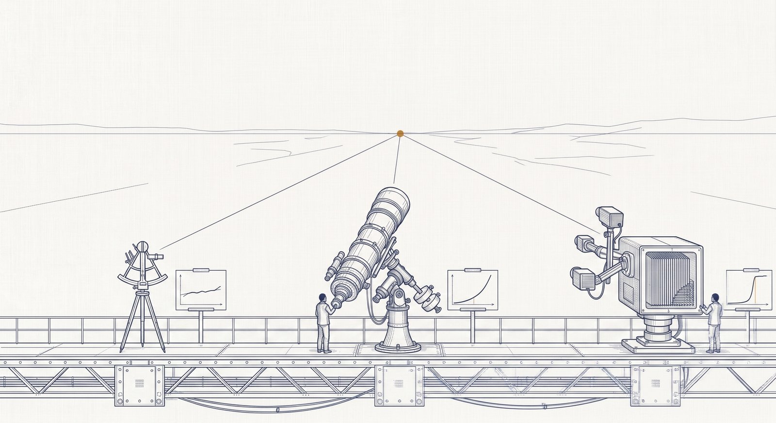 Wide elevation view of a long observation platform with visible truss supports beneath. Three precision instruments are mounted along the platform: at left, a small sextant on a tripod; at center, a large compound refracting telescope tended by a single figure; at right, a heavy cube-shaped spectrographic analyzer with adjustable sensor arms, tended by a second figure. Beside each instrument stands a small chart on an easel, displaying progressively steeper rising curves from left to right. Fine slate-blue sight lines extend from all three instruments and converge cleanly on a single point at the distant horizon. Slate blue throughout; amber-gold marks only the convergence point.