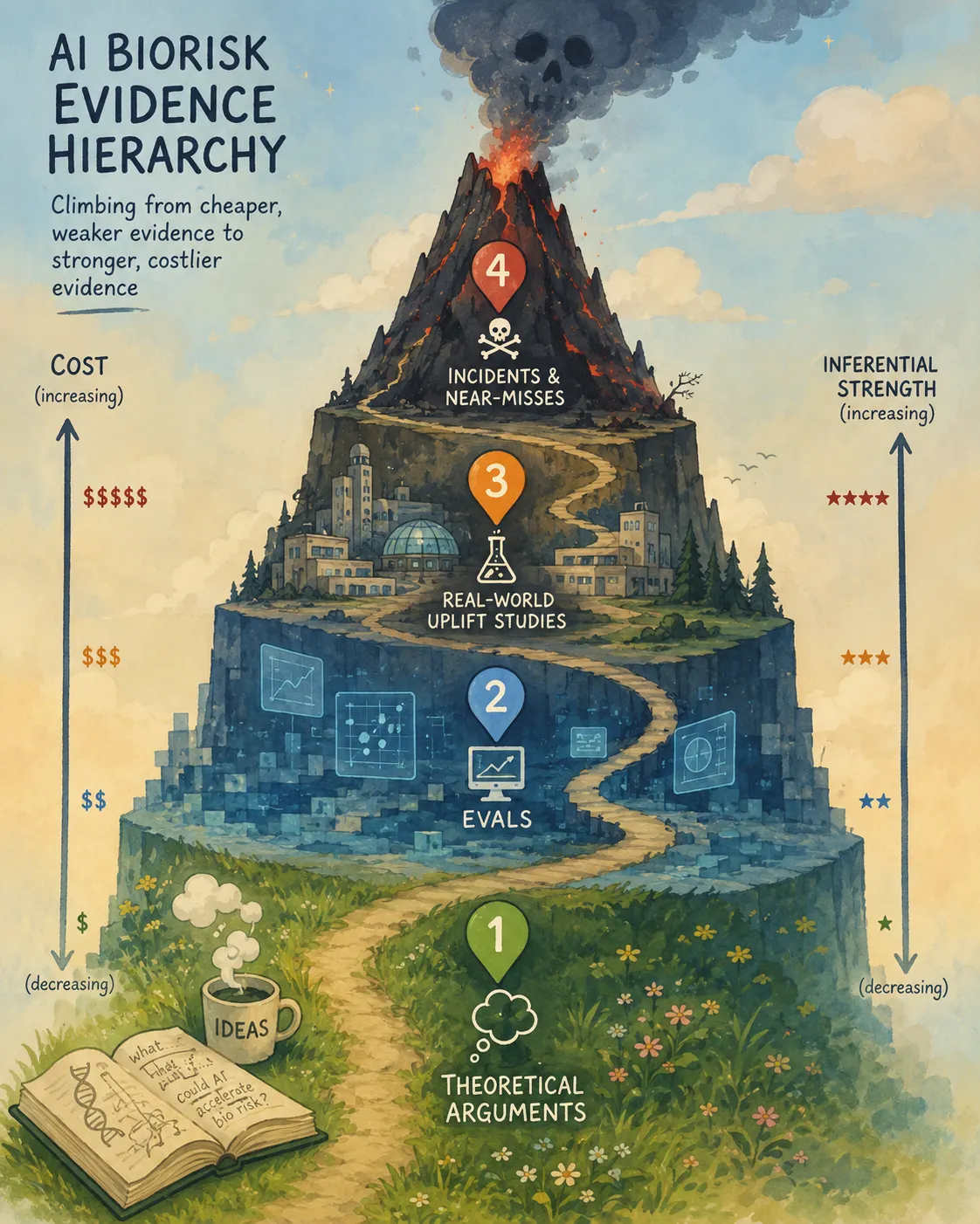 Watercolor infographic titled ”AI Biorisk Evidence Hierarchy,” depicting a winding path climbing a tiered mountain toward an erupting volcano crowned with a skull. Four numbered map-pin markers label the levels from base to summit: (1) Theoretical Arguments, shown as an open notebook and coffee cup on a grassy meadow; (2) Evals, on a blocky blue plateau with glowing data screens; (3) Real-World Uplift Studies, on a mid-mountain ledge with laboratory buildings; and (4) Incidents & Near-Misses, near the dangerous volcanic peak. Flanking arrows indicate cost increasing left and inferential strength increasing right as evidence climbs the hierarchy.