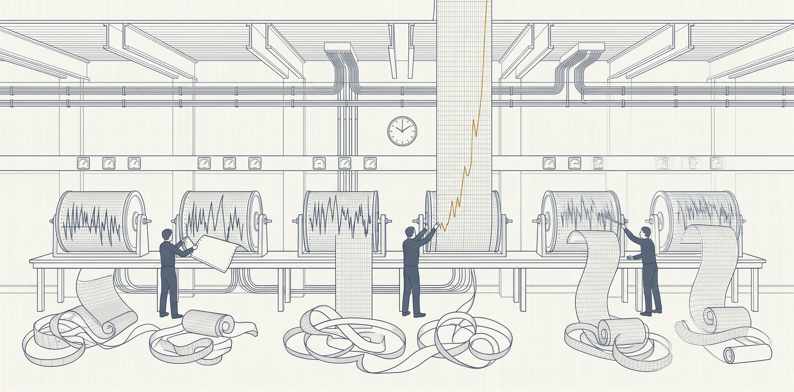 Precision technical illustration in slate blue on off-white: a long monitoring gallery where a row of drum-style chart recorders all trace jagged, spiking lines at once, ribbons of paper spilling into coils on the floor as small figures tend the bench; a single trace climbs in amber-gold off the top of its chart, marking a reading gone off the scale.