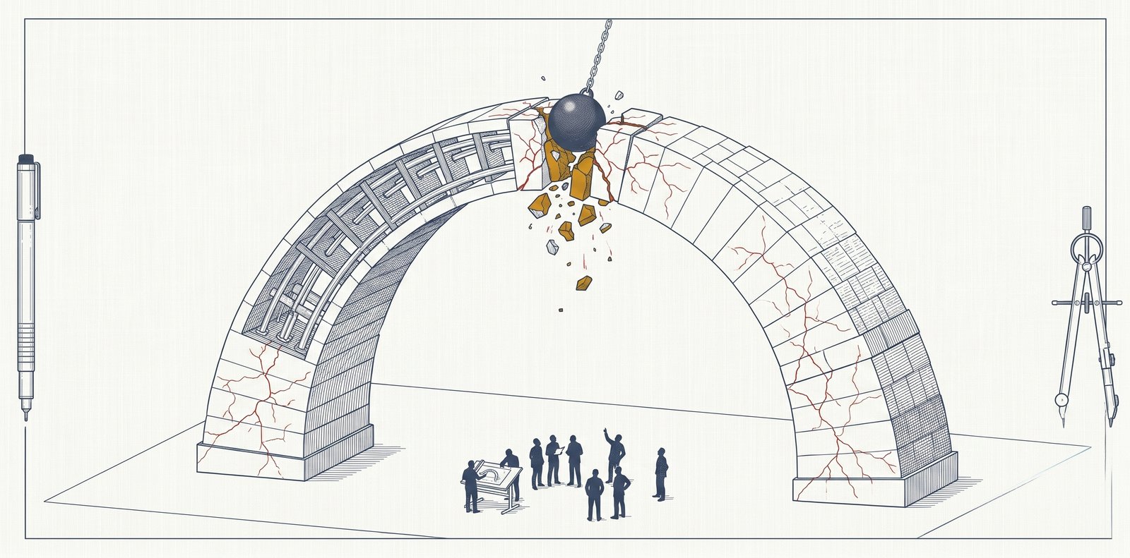 Precision technical illustration in slate-blue linework on an off-white linen ground, framed by a drafting pen and compass. A complete freestanding stone arch is struck at its crown by an iron wrecking ball on a chain, shattering the amber-gold keystone as red fracture lines spread down both legs. A small group of figures stands directly beneath the span, within the collapse zone.