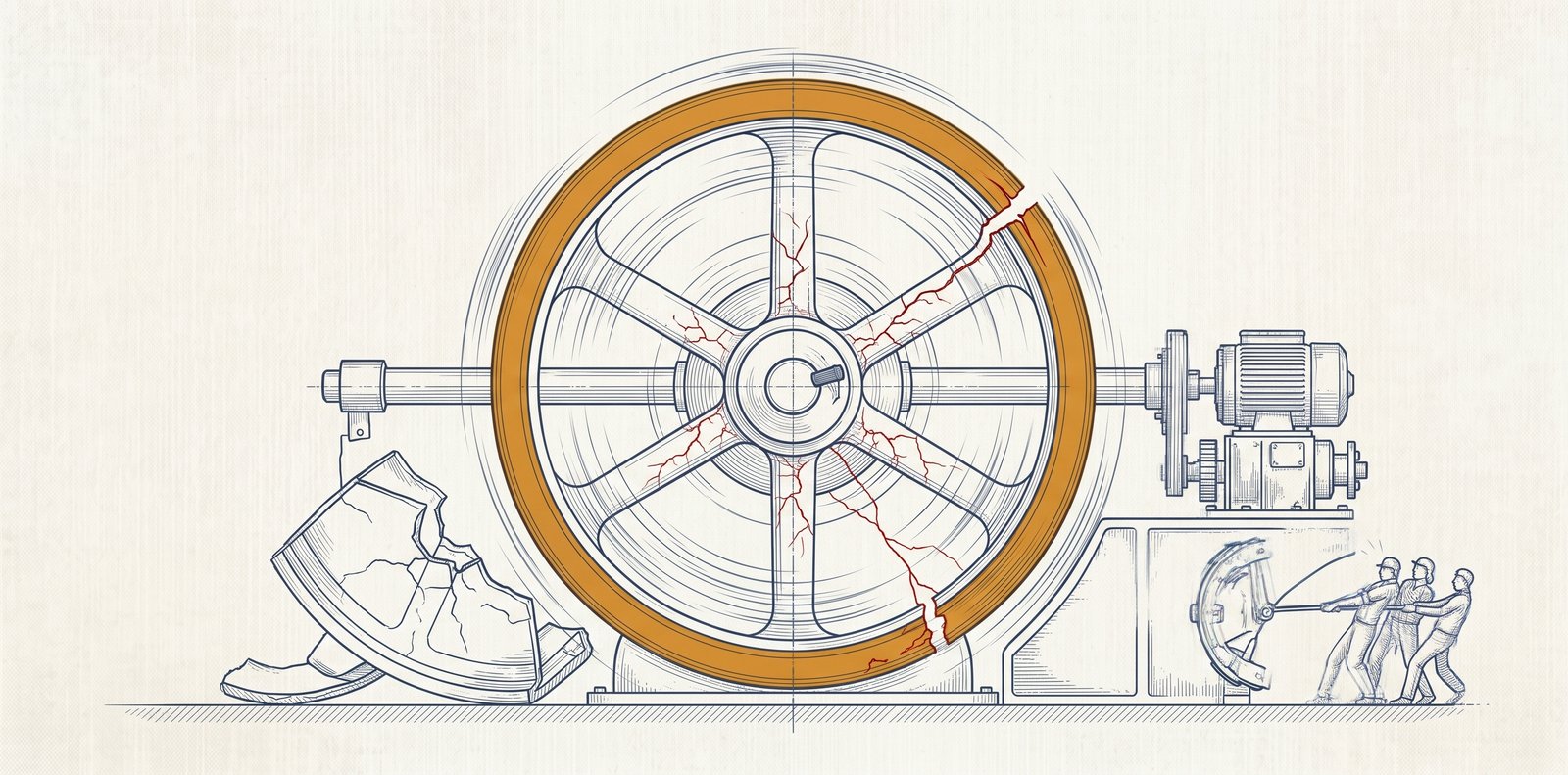 Precision technical illustration in slate blue on off-white linen: a massive spoked flywheel spins on a horizontal shaft at the center, its rim picked out in amber-gold and ringed with fine motion-blur arcs to convey dangerous overspeed. Red fracture lines radiate from the hub out through the spokes, and one rim segment at upper right has begun to shear away along a widening crack. A buckled safety guard lies torn off at lower left, a small drive unit turns the shaft at right, and three tiny slate-blue figures haul uselessly on a brake lever — the wheel is tearing itself apart and nothing is slowing it.