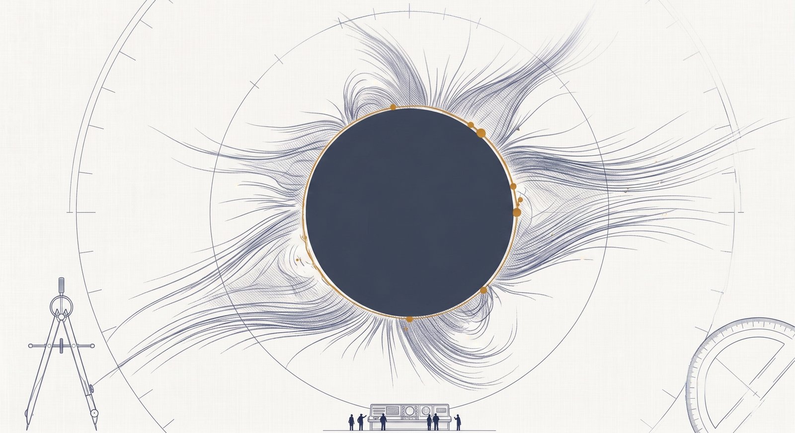 A total solar eclipse rendered as a precision technical drawing on off-white linen. The Moon’s disc — a solid dark slate-blue circle — occults the Sun at center, while the corona radiates outward as fine, asymmetric slate-blue streamers. A thin amber-gold ring of remaining sunlight, marked with a few brighter beads, traces the occlusion edge. Faint construction circles, radial degree ticks, and a drafting compass and protractor at the corners frame the scene as an astronomical plate. A small observatory console staffed by tiny figures sits at the bottom for scale.