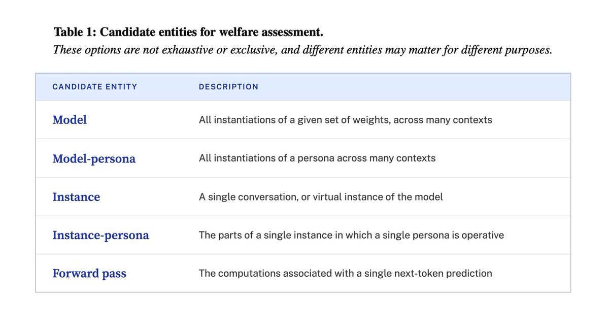 Table titled ”Candidate entities for welfare assessment” listing five entities in blue with descriptions: Model (all instantiations of a given set of weights across many contexts), Model-persona (all instantiations of a persona across many contexts), Instance (a single conversation or virtual instance of the model), Instance-persona (the parts of a single instance in which a single persona is operative), and Forward pass (the computations associated with a single next-token prediction).