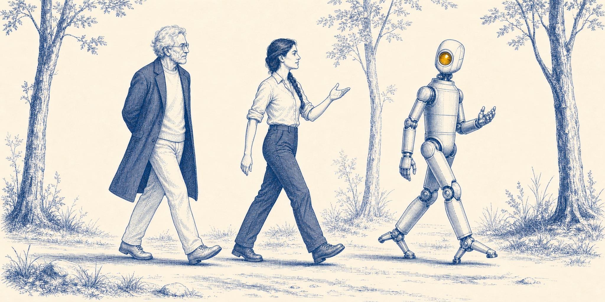 Blue-ink engraving of three companions walking a sparse woodland path in animated conversation: an elderly scholar in a long dark overcoat, a braided engineer mid-gesture, and a polished metal robot striding ahead, its head turned back toward her, its single amber eye the only point of color.