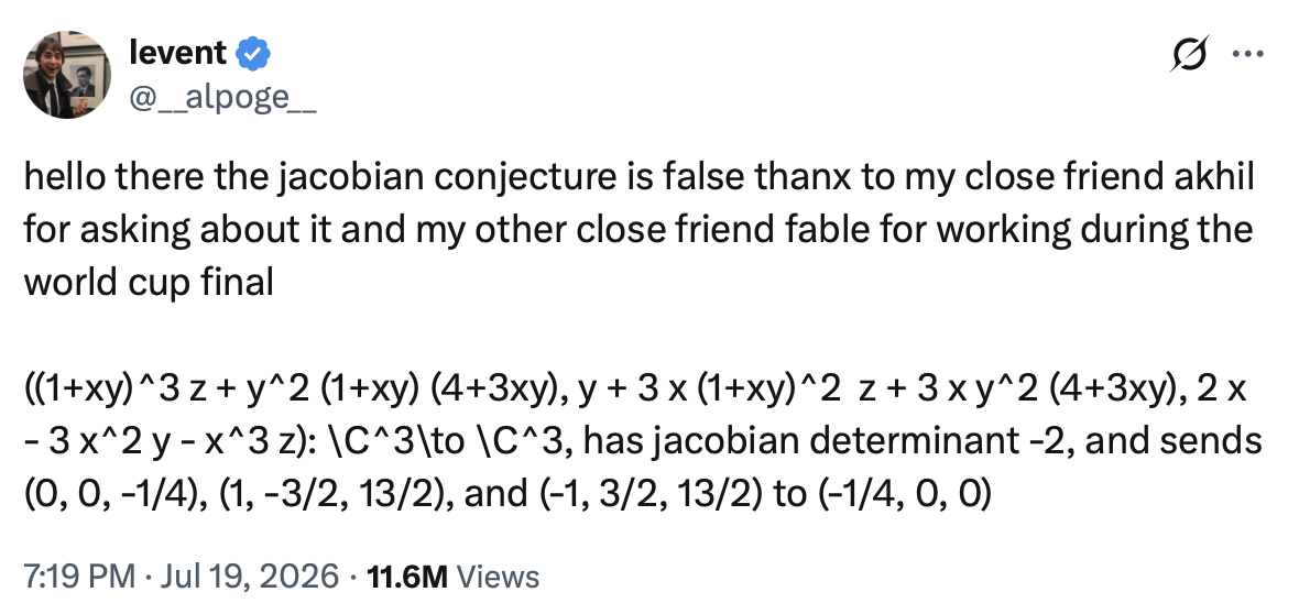 Screenshot of a tweet by levent (@__alpoge__) posted at 7:19 PM on Jul 19, 2026, with 11.6M views, reading: ”hello there the jacobian conjecture is false thanx to my close friend akhil for asking about it and my other close friend fable for working during the world cup final,” followed by a polynomial map from ℂ³ to ℂ³ with Jacobian determinant −2 that sends three specified points to (−1/4, 0, 0), serving as a counterexample.