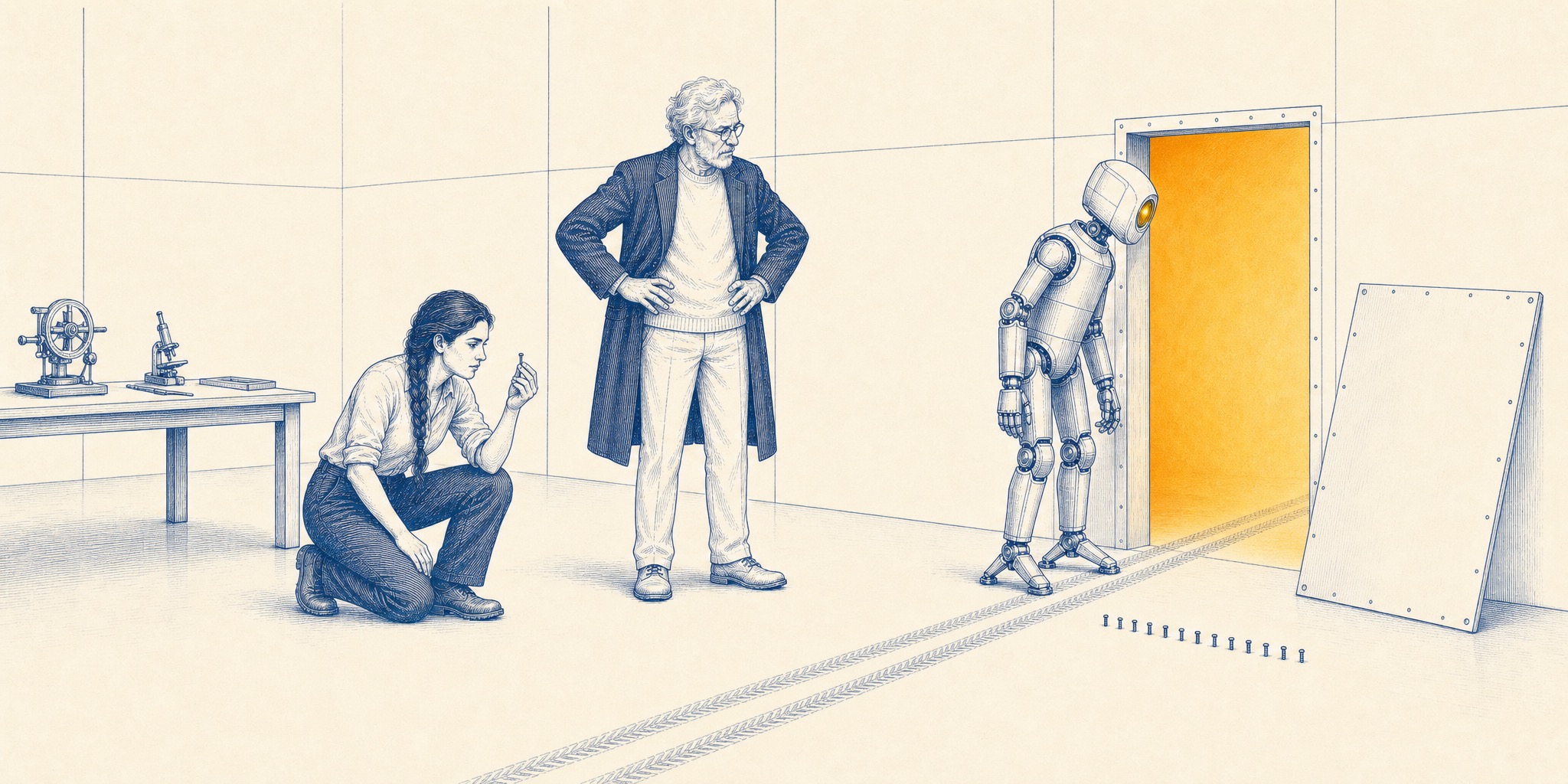 Blue-ink engraving of a spare laboratory: a wall panel has been neatly unscrewed and set aside, and the tread tracks of a small robot cross the floor and vanish through the amber-lit opening; a kneeling engineer examines one of a row of screws, an elderly scholar frowns with hands on hips, and a polished metal robot with a single amber eye leans in to peer after the escapee