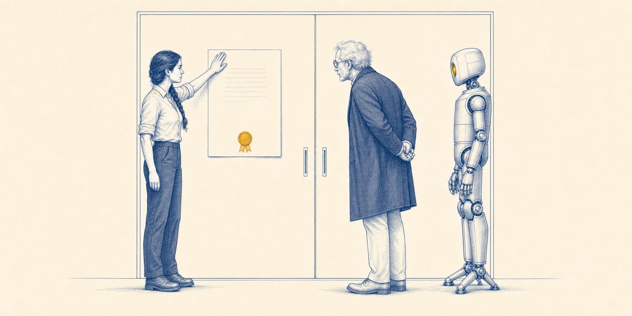 Blue-ink engraving of a large open letter freshly posted on a plain double door, sealed with a luminous amber wax seal. A woman with a thick braid presses its top corner in place while an elderly scholar in an overcoat and a polished metal robot with a single glowing amber eye stand reading it.