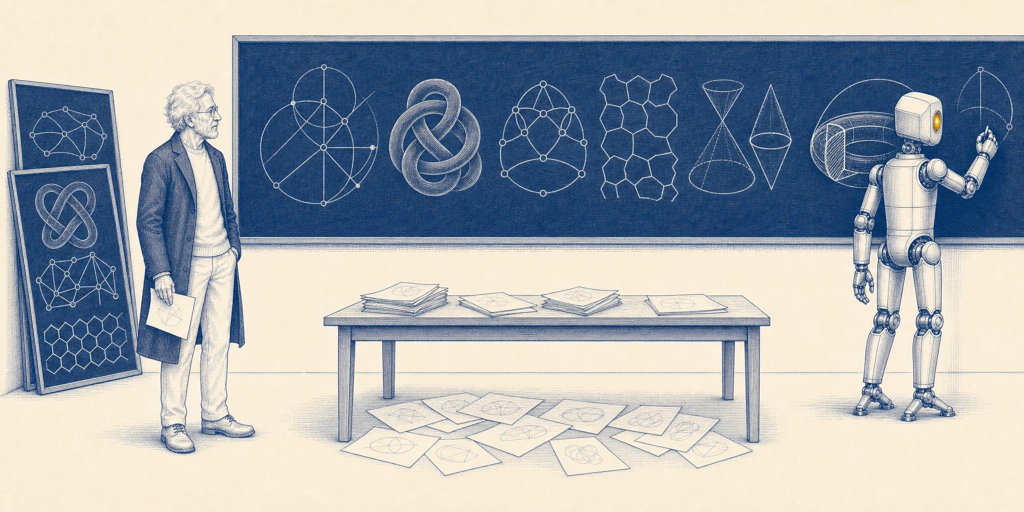 Blue-ink engraving of a long blackboard running off the right edge of the frame, covered with large geometric figures — a compass construction, a knot, a node-and-edge graph, a tiling, a double cone, a sectioned torus. A polished metal robot with a single glowing amber eye draws another at the far end, while an elderly scholar in a dark overcoat and round spectacles watches from the left, holding one sheet. Two more filled boards lean in the corner behind him, and loose diagrams cover the desk and the floor between them.
