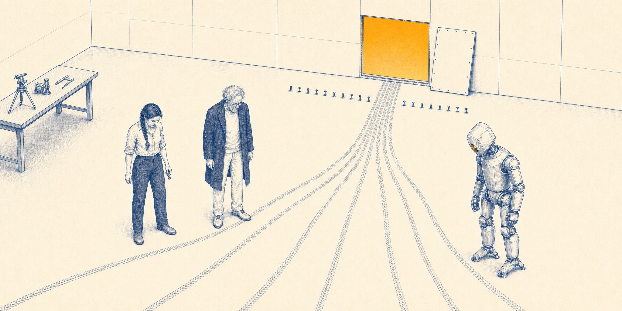 A sparse blue-ink engraving on warm cream: an elderly scholar in a dark overcoat, an engineer with a thick braid, and a polished metal robot with a single glowing amber eye stand with heads bowed at the floor, where many separate tread trails sweep in from the bottom of the frame and merge into one lane vanishing through a luminous amber gap in the wall, beside a neatly removed wall panel and a row of screws.