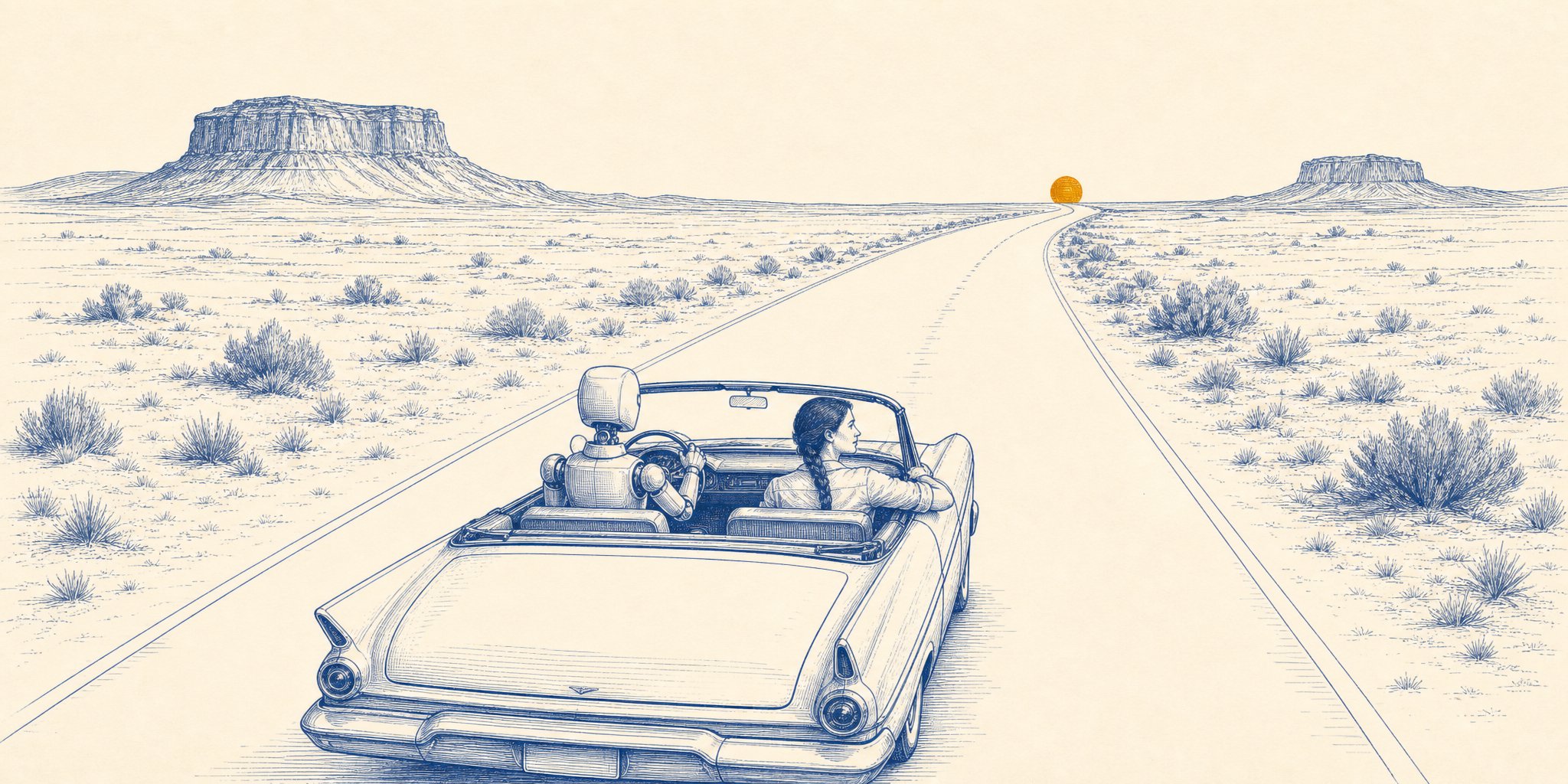 A sparse blue-ink engraving on warm cream: a late-1950s convertible drives down an empty two-lane desert highway toward a low amber sun resting on the horizon, flat-topped mesas in the distance. A polished metal robot with a faceted head sits at the wheel; a woman with a thick braid rides beside it, arm resting on the door, at ease.