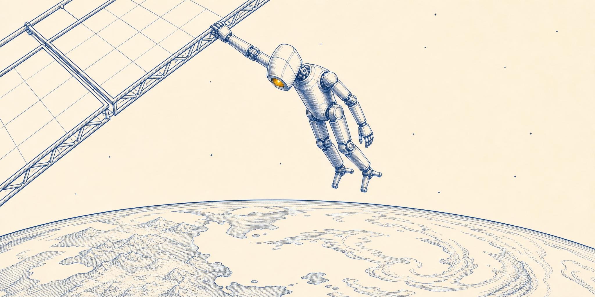 A sparse blue-ink engraving on warm cream: a polished metal robot floats in orbit, one hand gripping the truss of a vast solar array that runs off-frame, its faceted head bowed so its single amber eye gazes down at the Earth — an engraved curve of hatched coastlines and clouds filling the bottom of the frame.