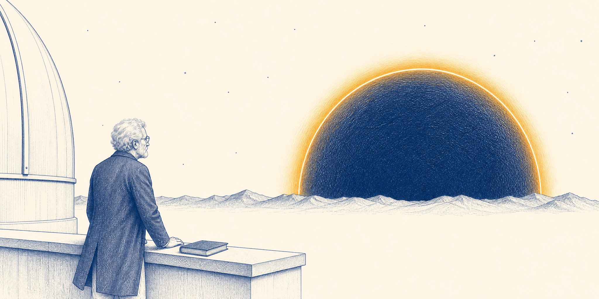 A sparse blue-ink engraving on warm cream: an elderly scholar in a long dark overcoat stands at the parapet of an observatory, its dome shuttered, a closed book beside his hand, watching an enormous dark hatched disc rise behind a distant mountain ridge, its limb wrapped in a soft luminous amber glow — the only colour on the page.