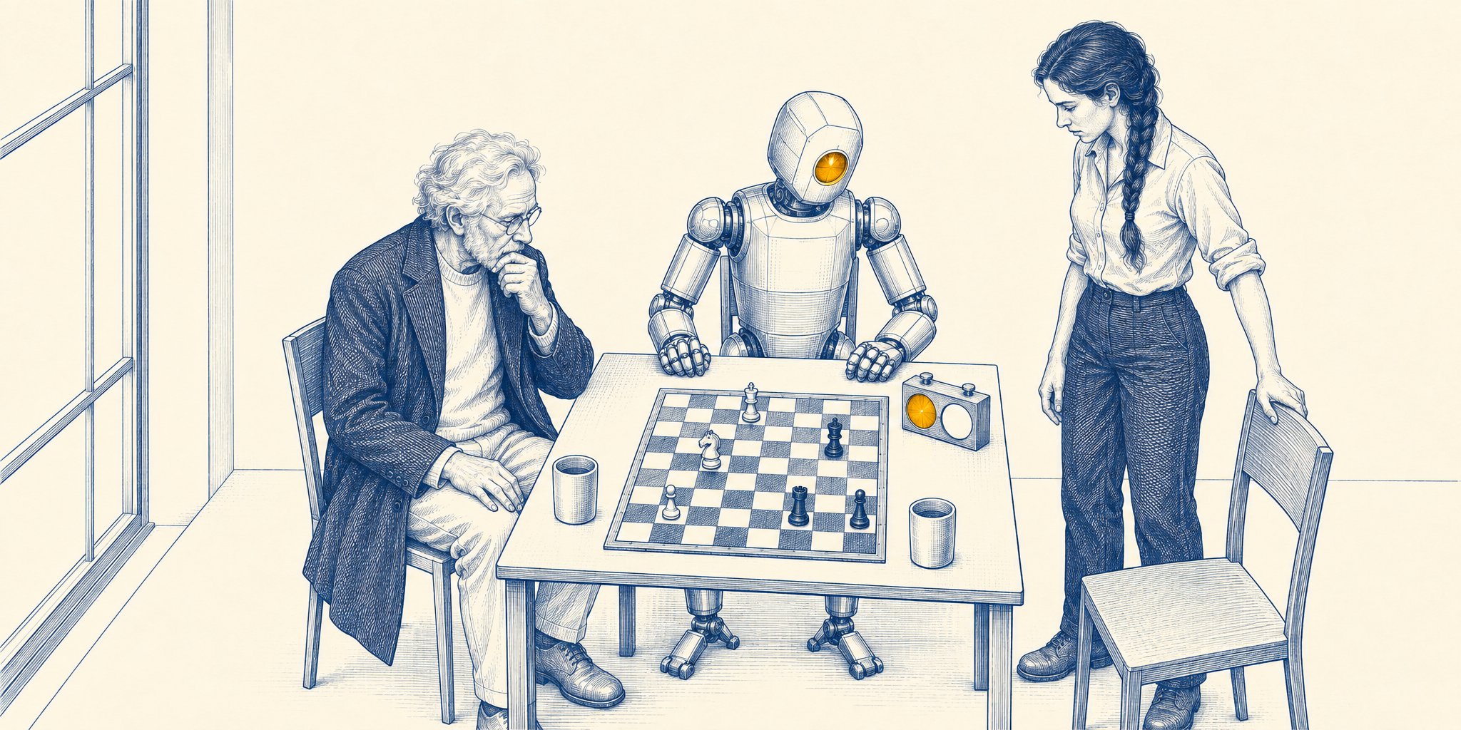 A sparse blue-ink engraving on warm cream: three figures at a small café table in the endgame of a chess match. An elderly scholar in a dark overcoat and a polished metal robot with a single amber eye sit side by side studying the six remaining pieces, while a woman with a thick braid stands at the end of the table, one hand on an empty chair, watching a chess clock whose running dial glows amber.