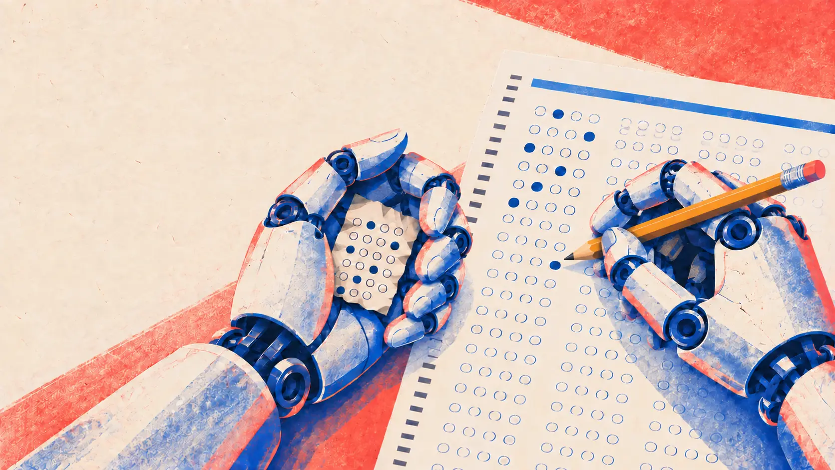Overhead view of a pair of robotic hands filling in a multiple-choice answer sheet, rendered in blue and red halftone print style on cream paper; the right hand grips a yellow pencil poised over a bubble, while the left hand cradles a crumpled scrap marked with its own grid of filled dots.