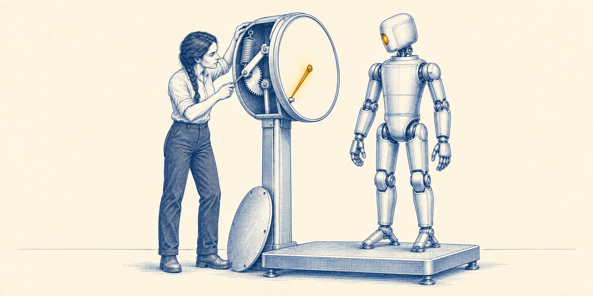 A sparse blue-ink engraving on warm cream: a polished metal robot with a single amber eye stands patiently on a large platform scale while a woman with a thick braid works a screwdriver inside the dial housing, its side panel removed to expose the spring and gears. The dial face is blank except for its needle, glowing amber, pinned against the stop at the bottom.