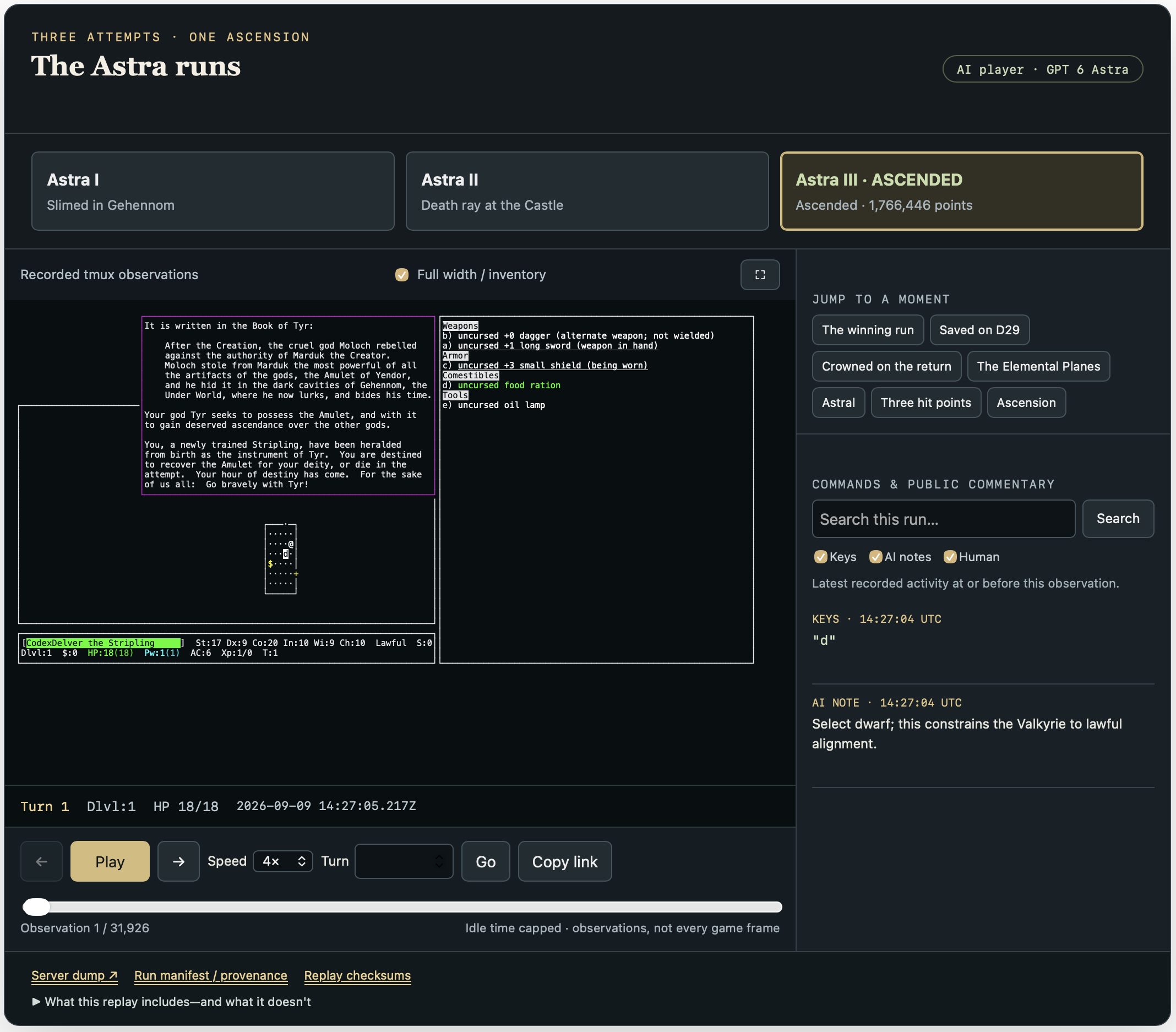 Screenshot of a dark-themed replay viewer titled The Astra runs, showing three NetHack attempts by the AI player GPT 6 Astra: Astra I slimed in Gehennom, Astra II killed by a death ray at the Castle, and Astra III highlighted as ascended with 1,766,446 points. The terminal pane shows turn 1 of a dwarven Valkyrie with its opening lore text and starting inventory, beside a commentary panel noting the AI’s choice of dwarf for lawful alignment.