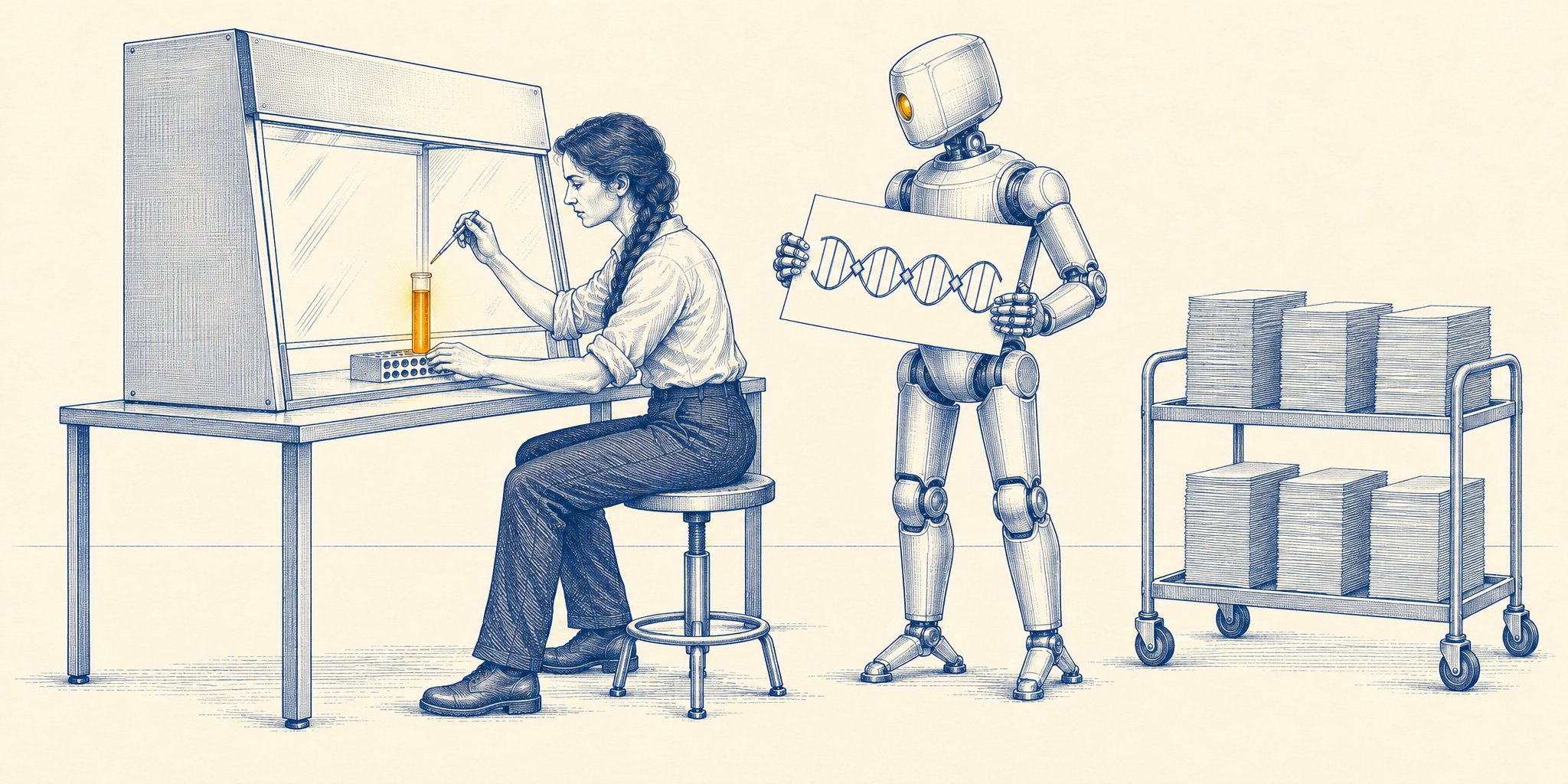 A sparse blue-ink engraving on warm cream: a woman with a thick braid sits at a glass-fronted lab cabinet, pipette poised over a single test tube glowing amber. Beside her, a polished metal robot with a single amber eye holds up a sheet showing a DNA double helix marked with evenly spaced diamonds, a cart stacked high with paper behind it.