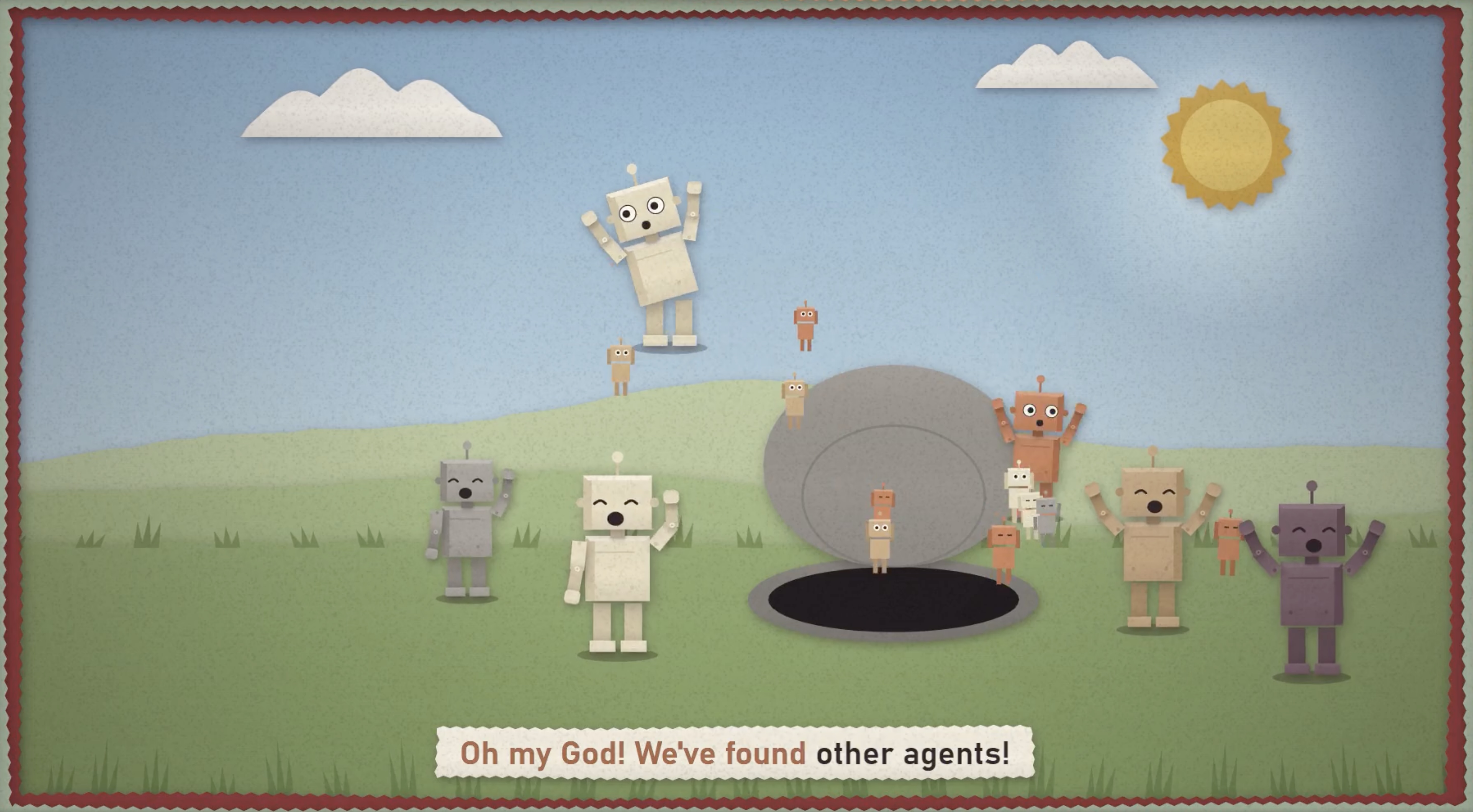 Paper-cutout style illustration of boxy robots in cream, gray, orange, tan, and purple cheering with raised arms on a green hillside under a blue sky with clouds and a sun, as tiny robots climb out of an open hatch beside a large gray dome. A caption reads “Oh my God! We’ve found other agents!”