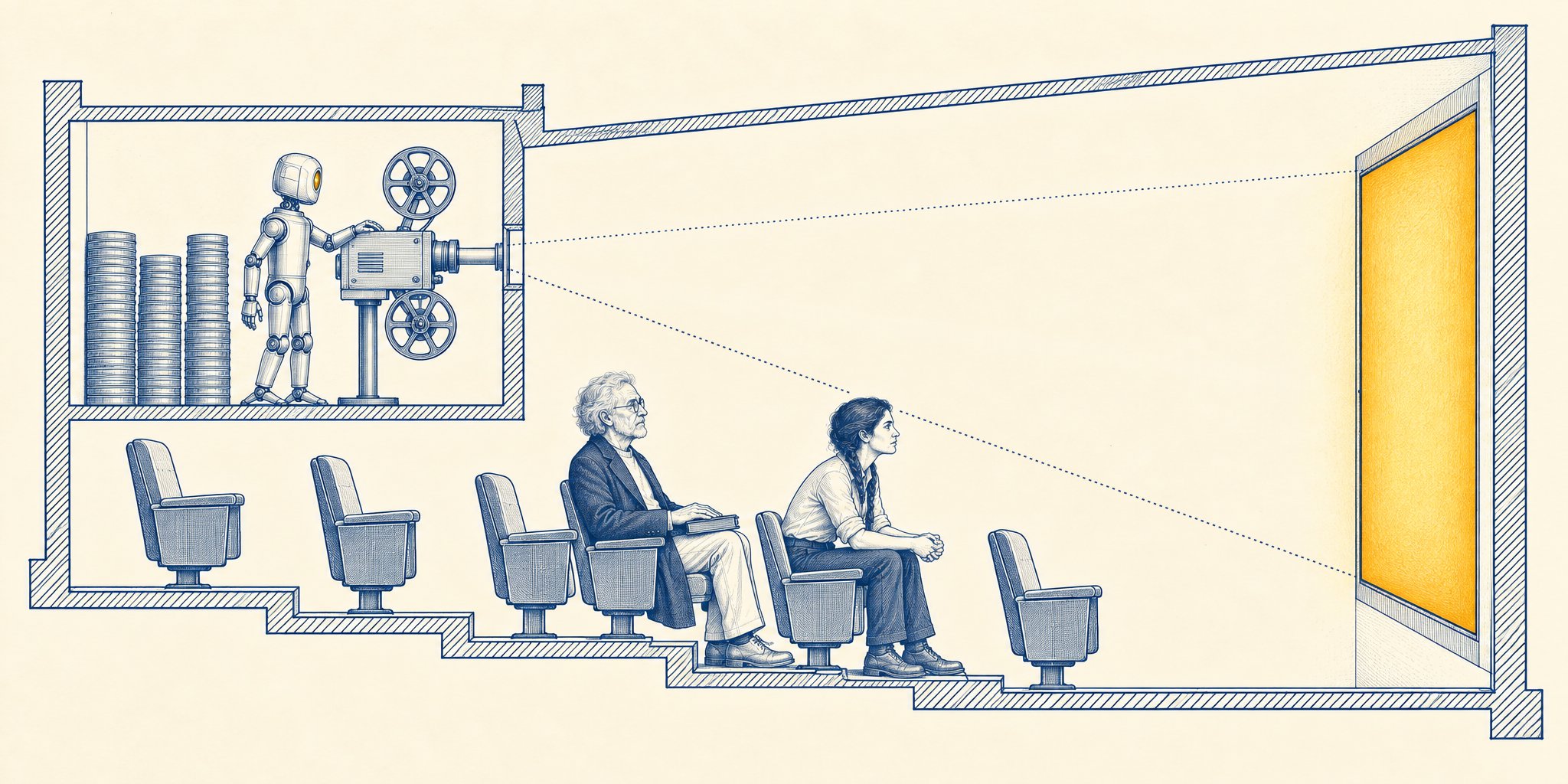 A sparse blue-ink engraving on warm cream showing a small cinema in cutaway. In the raised projection booth, a polished metal robot with a single amber eye rests a hand on a reel-to-reel projector beside tall stacks of film canisters. Below, an elderly man with a closed book on his knee and a woman with a thick braid, leaning forward, watch a screen glowing amber.