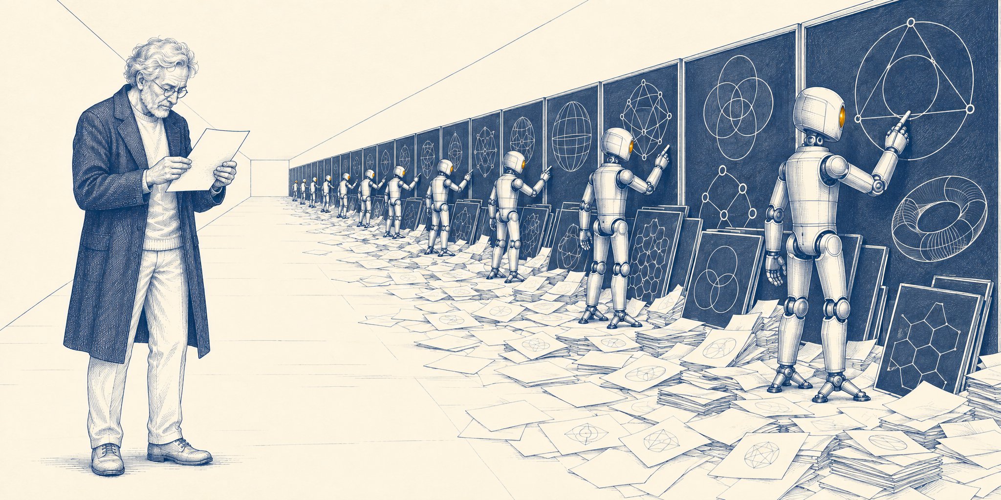 Blue-ink engraving of a long hall in deep perspective, its right wall lined with blackboards receding to a distant vanishing point, each covered with geometric figures — overlapping circles, a torus, tilings, node-and-edge graphs. At every board a polished metal robot with a single glowing amber eye is drawing, about a dozen in a row, with more filled boards leaning against the wall and loose papers spread in slumped stacks and drifts across the floor. In the left foreground an elderly scholar in a dark overcoat and round spectacles stands apart, reading a single sheet of paper.