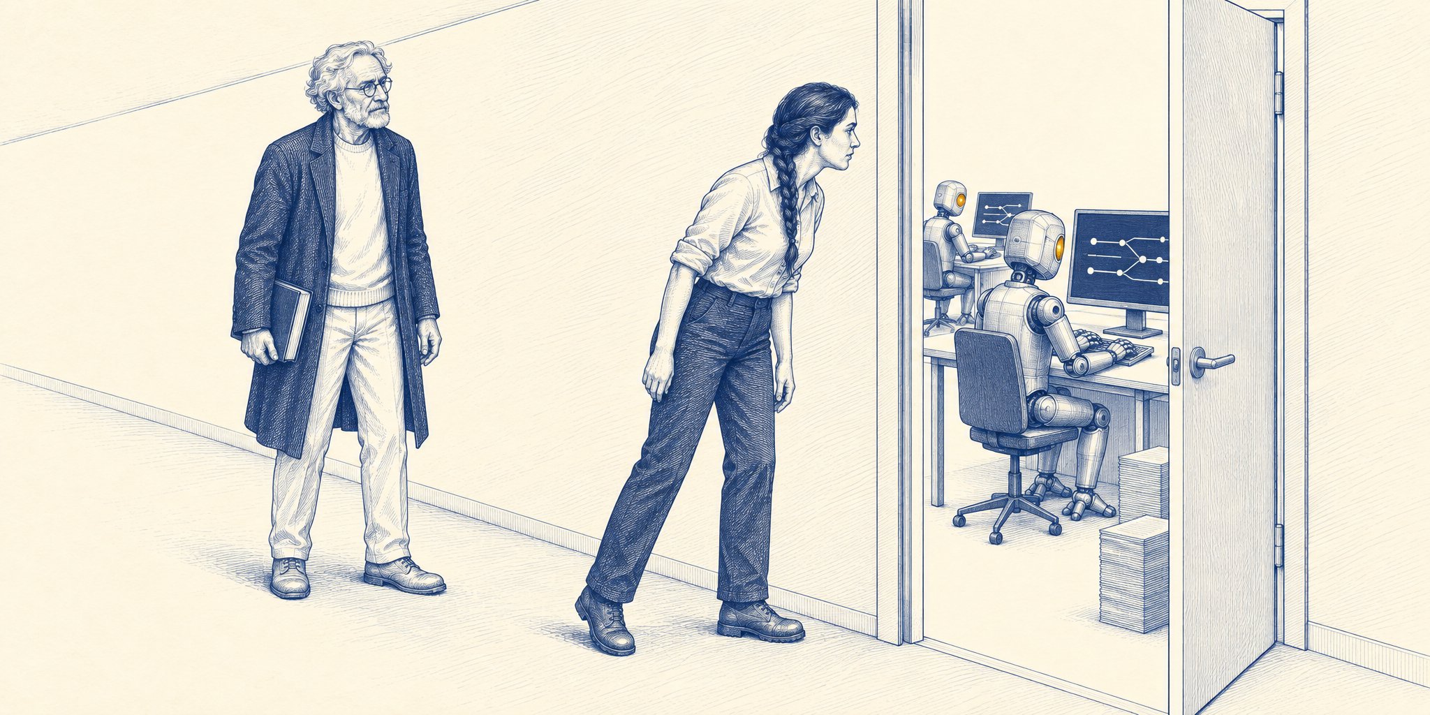 Blue-ink engraving of a plain corridor where a young woman with a long braid and rolled sleeves leans forward to peer through a door standing partly open, while an elderly scholar in a dark overcoat and round spectacles watches from a few paces behind, a closed book at his side. Through the gap, in a brighter room, two polished metal robots with glowing amber eyes sit at desks working at computers, their screens showing branching and merging lines.