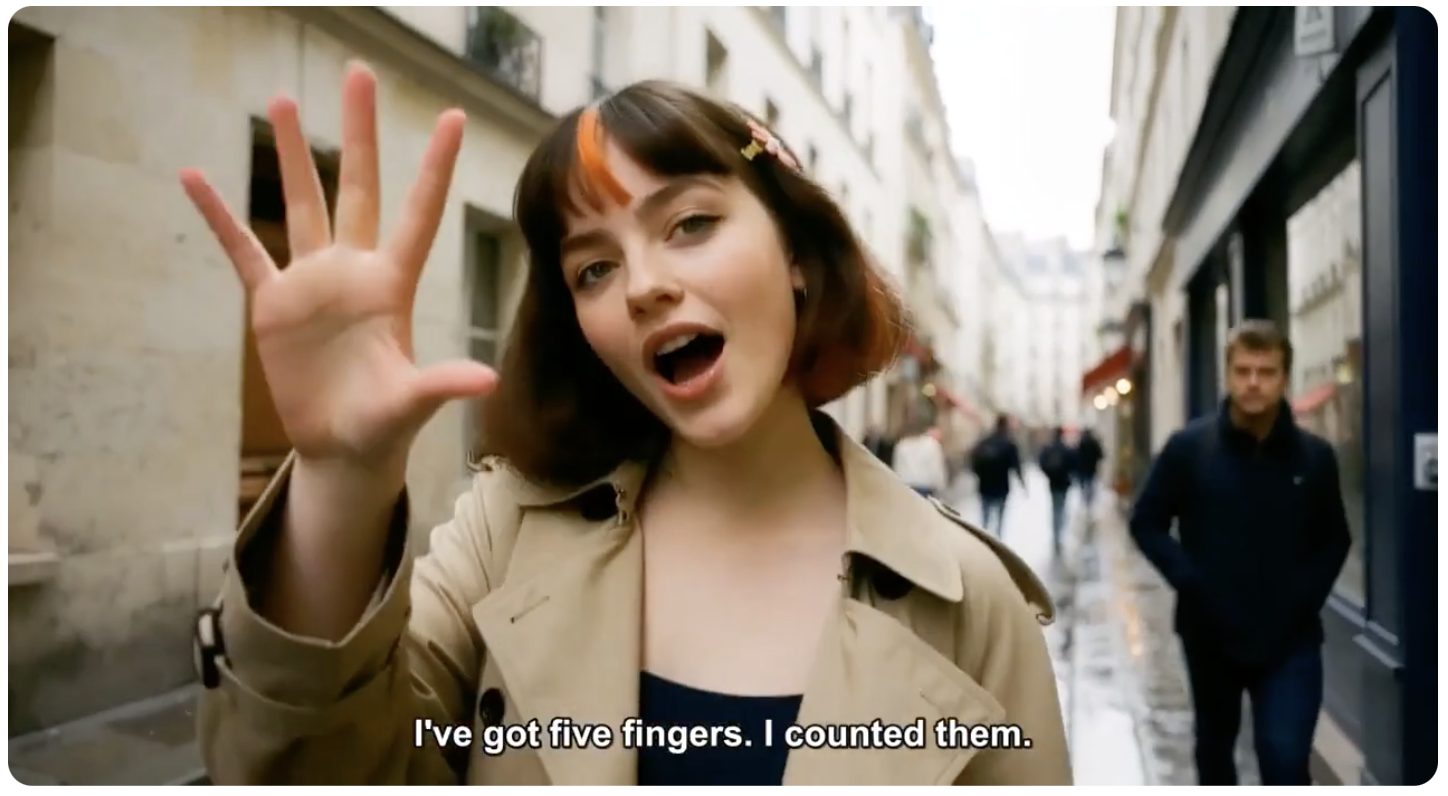 Video still of a young woman with a chin-length bob, bangs, and an orange-dyed streak, wearing a beige trench coat on a narrow, rain-slicked Parisian street. She holds an open hand toward the camera, mid-speech, as pedestrians pass behind her. The subtitle reads “I’ve got five fingers. I counted them.”