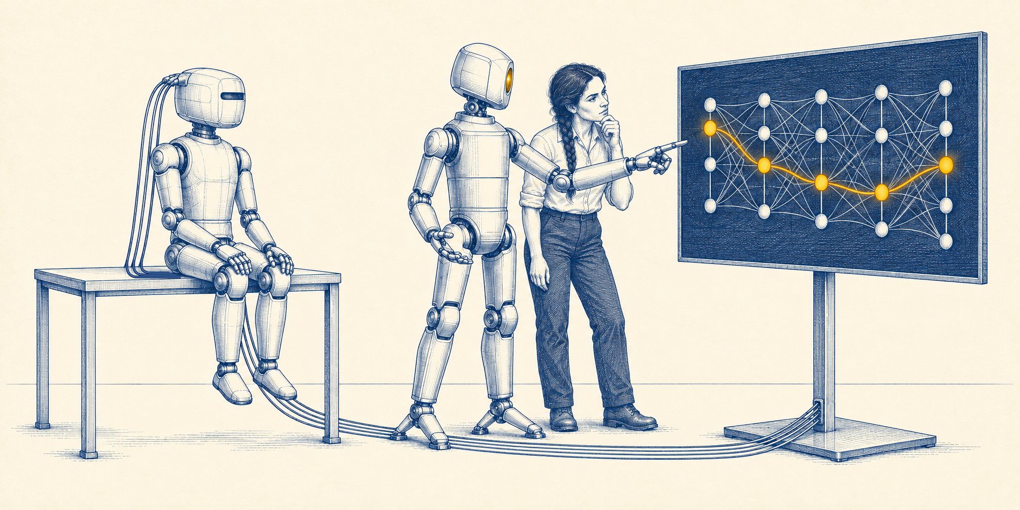 Blue-ink engraving of a polished metal robot with a single amber eye pointing at a large screen that shows a network diagram of dots in columns joined by many fine lines, one path through it glowing amber. A young woman with a long braid and rolled sleeves leans in at its shoulder, hand at her chin, following its finger, while a second, boxier robot with a visor sits on a steel table, cables running from its head to the screen.