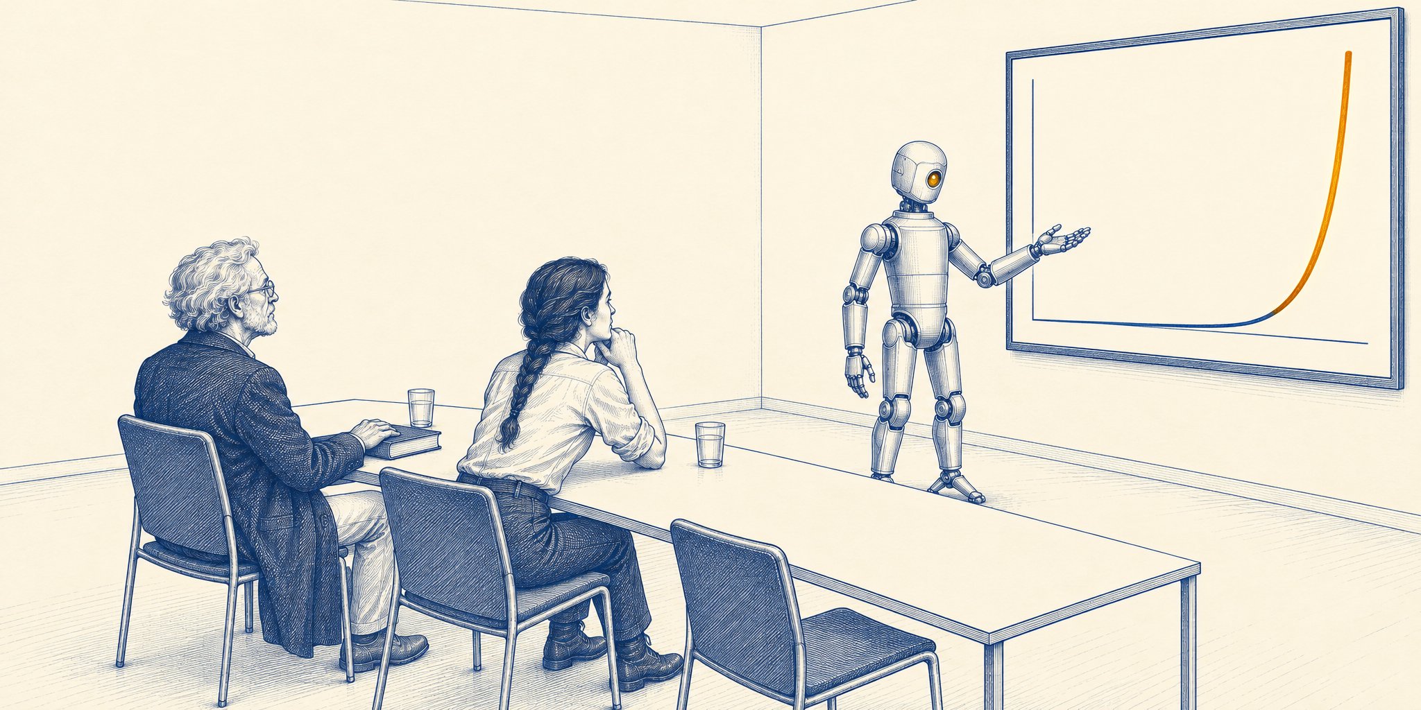 Blue-ink engraving of a plain conference room where an elderly scholar in a dark overcoat and a young woman with a long braid sit at a long table, seen from behind. She leans in, knuckles to her lips; his hand rests on a closed book. A polished metal robot with a single amber eye stands at a large screen, open palm presenting a curve that runs flat, then turns amber and climbs almost straight up.
