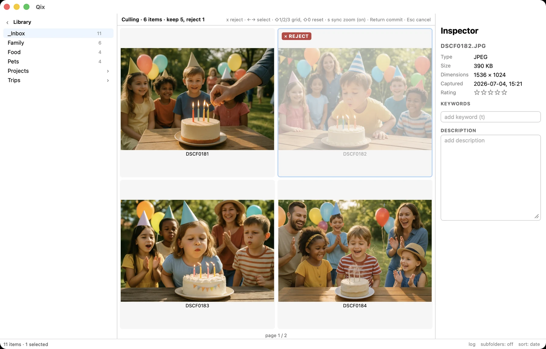 Culling mode comparing four birthday burst shots, one marked rejected