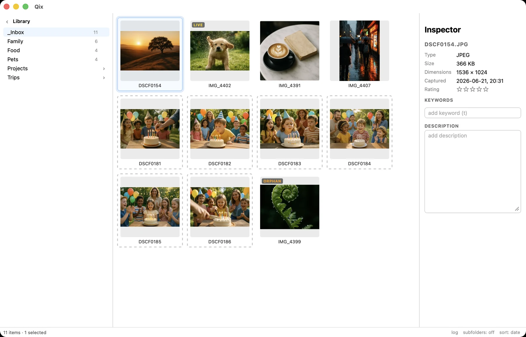 The Inbox grid showing Live, video, star and orphan badges plus a burst outline