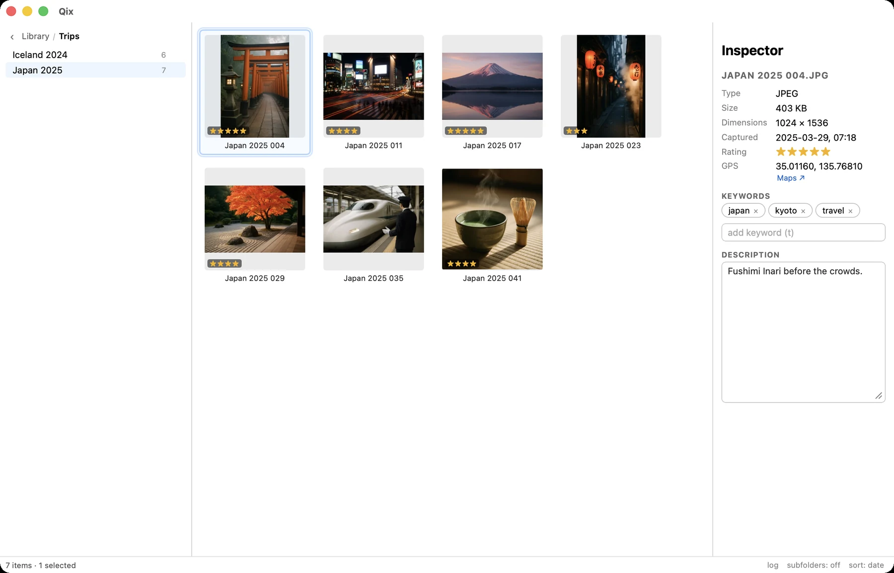 The Qix main window: folder sidebar, thumbnail grid of a Japan trip, and metadata inspector