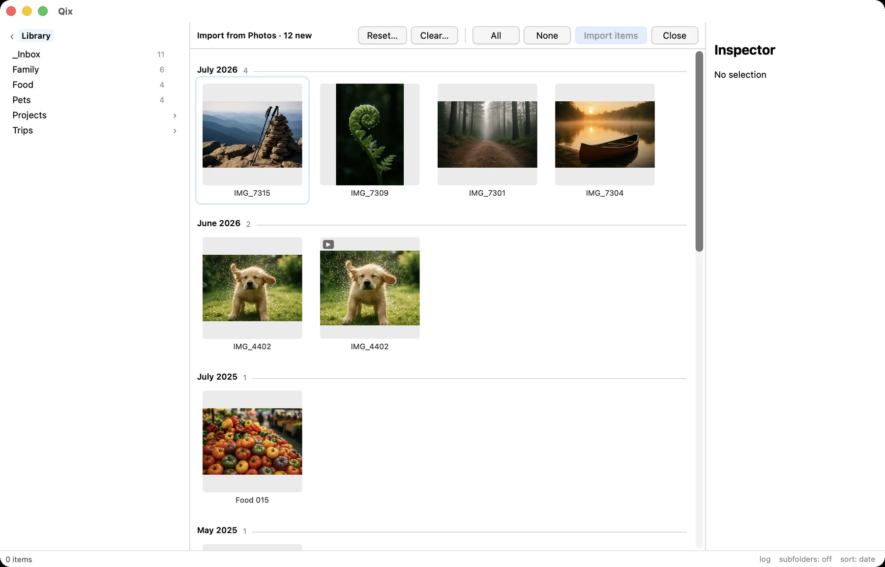 The Photos import grid with month dividers
